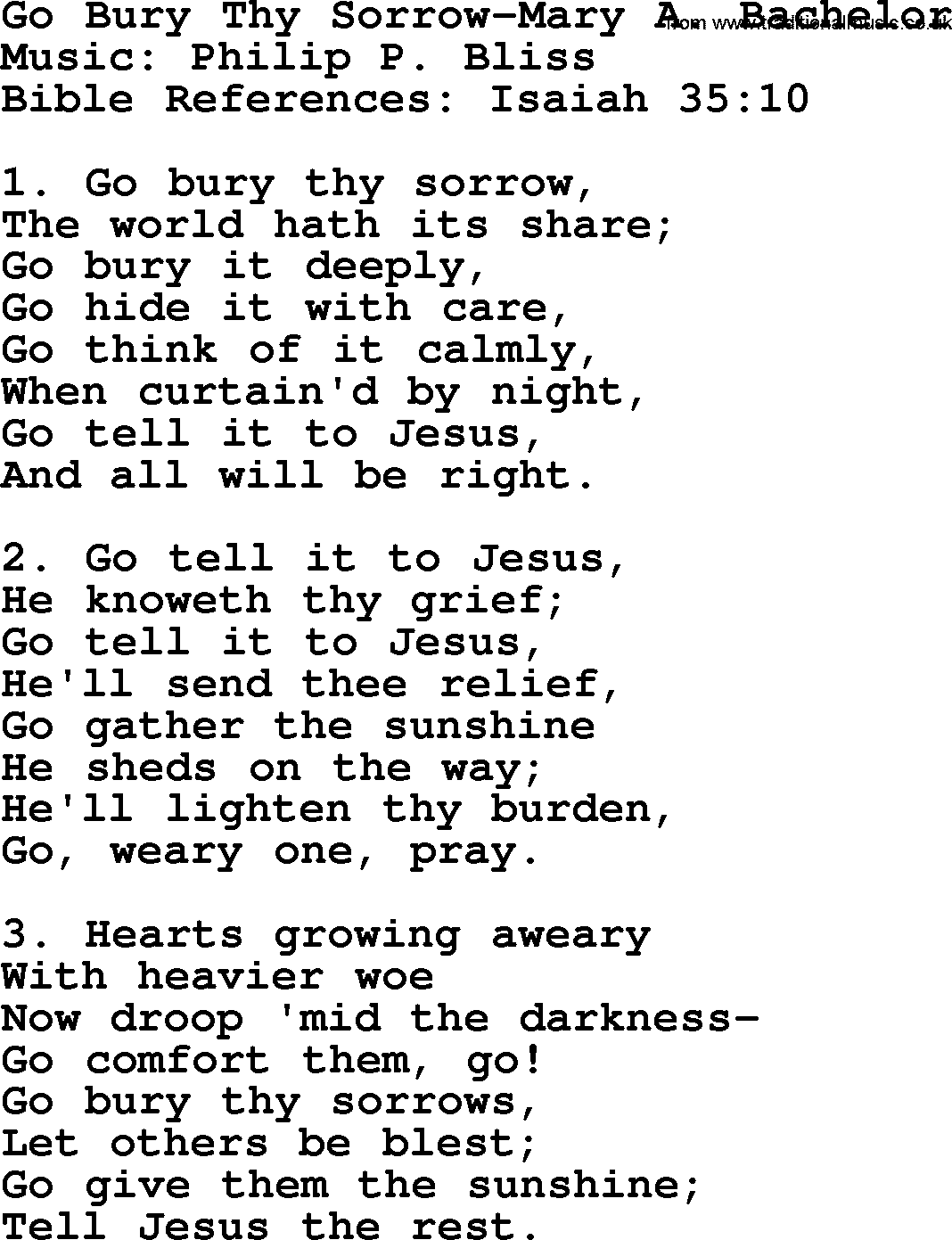 Philip Bliss Song: Go Bury Thy Sorrow, lyrics