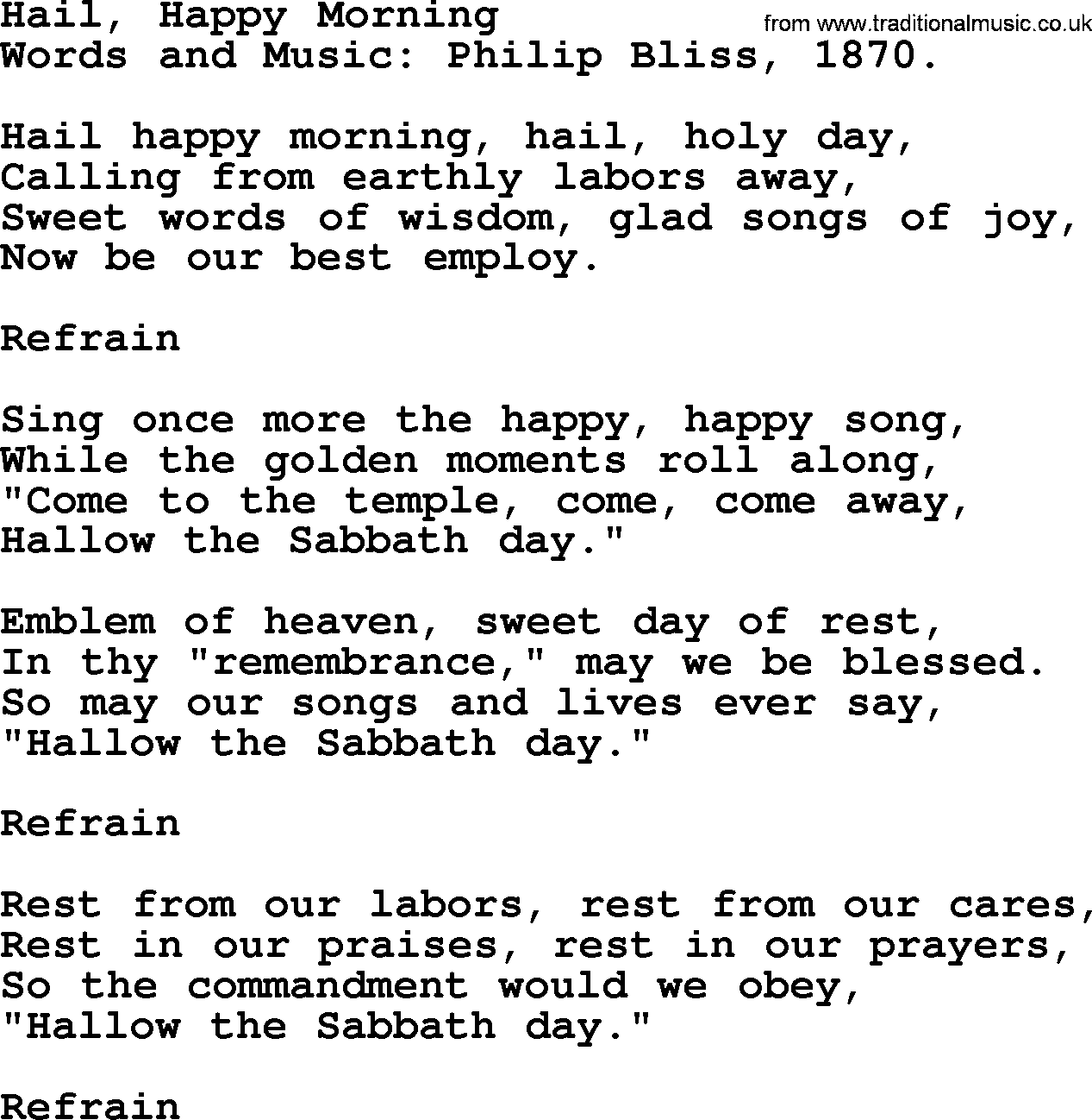 Philip Bliss Song: Hail, Happy Morning, lyrics