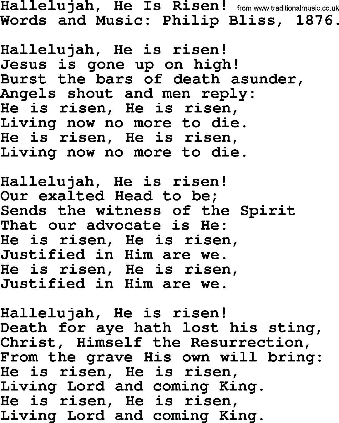 Philip Bliss Song: Hallelujah, He Is Risen!, lyrics