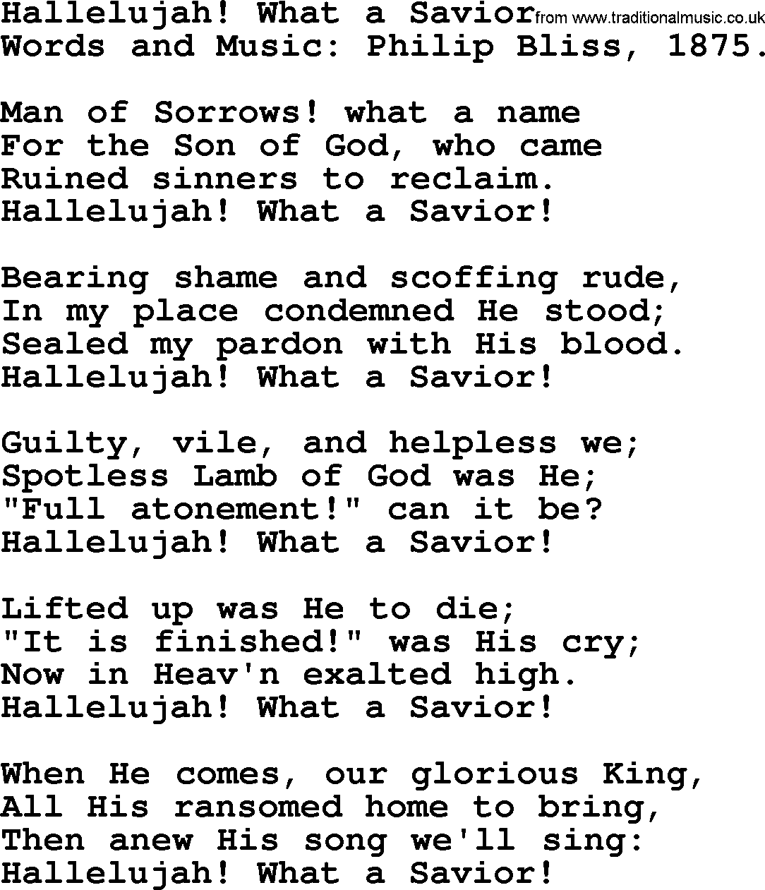 Philip Bliss Song: Hallelujah! What A Savior, lyrics