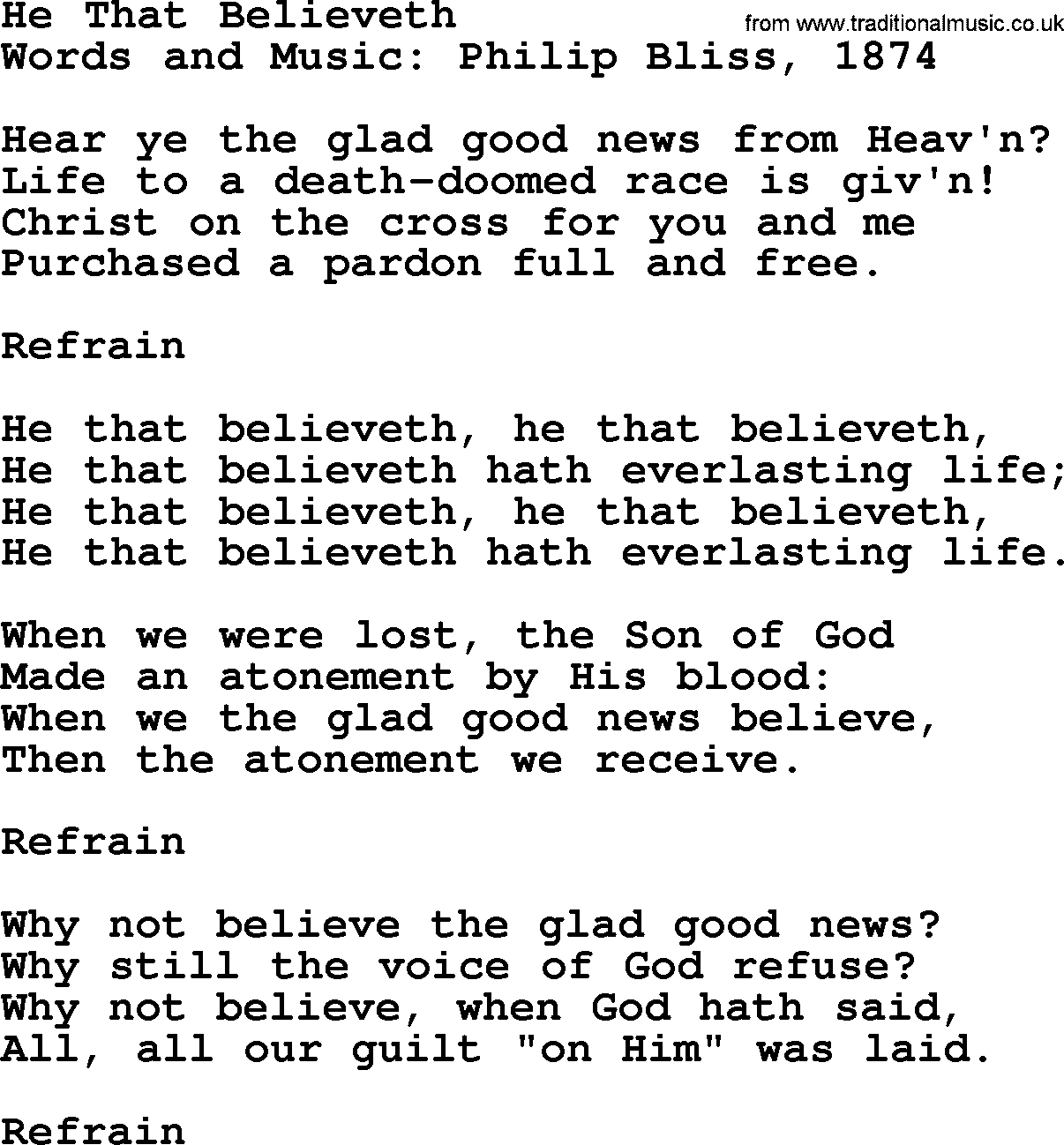 Philip Bliss Song: He That Believeth, lyrics