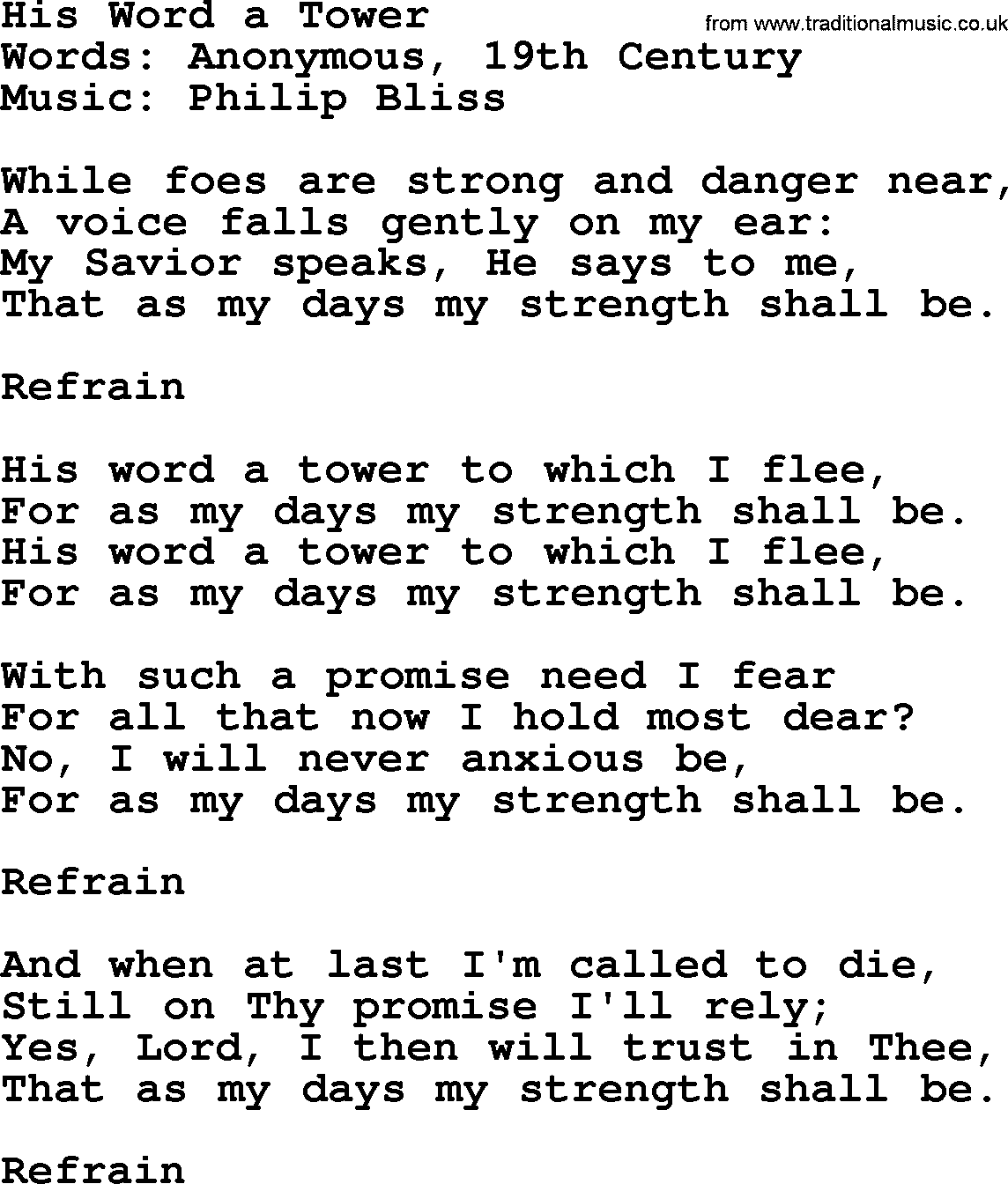 Philip Bliss Song: His Word A Tower, lyrics
