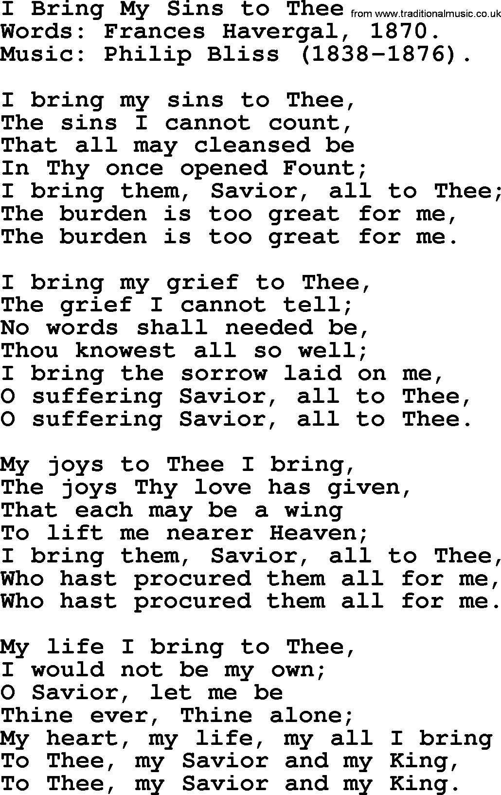 Philip Bliss Song: I Bring My Sins To Thee, lyrics