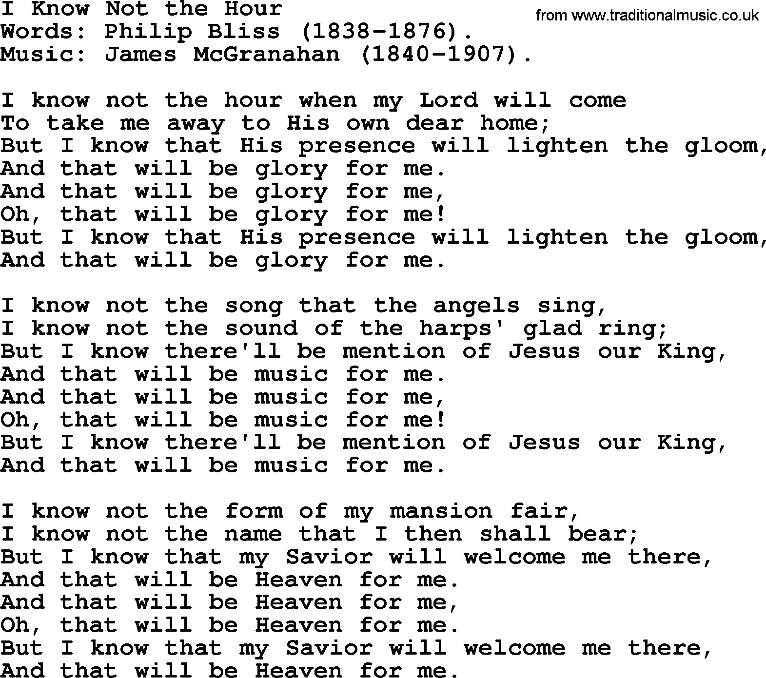 Philip Bliss Song: I Know Not The Hour, lyrics
