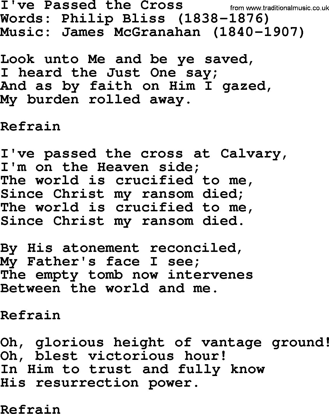 Philip Bliss Song: I've Passed The Cross, lyrics