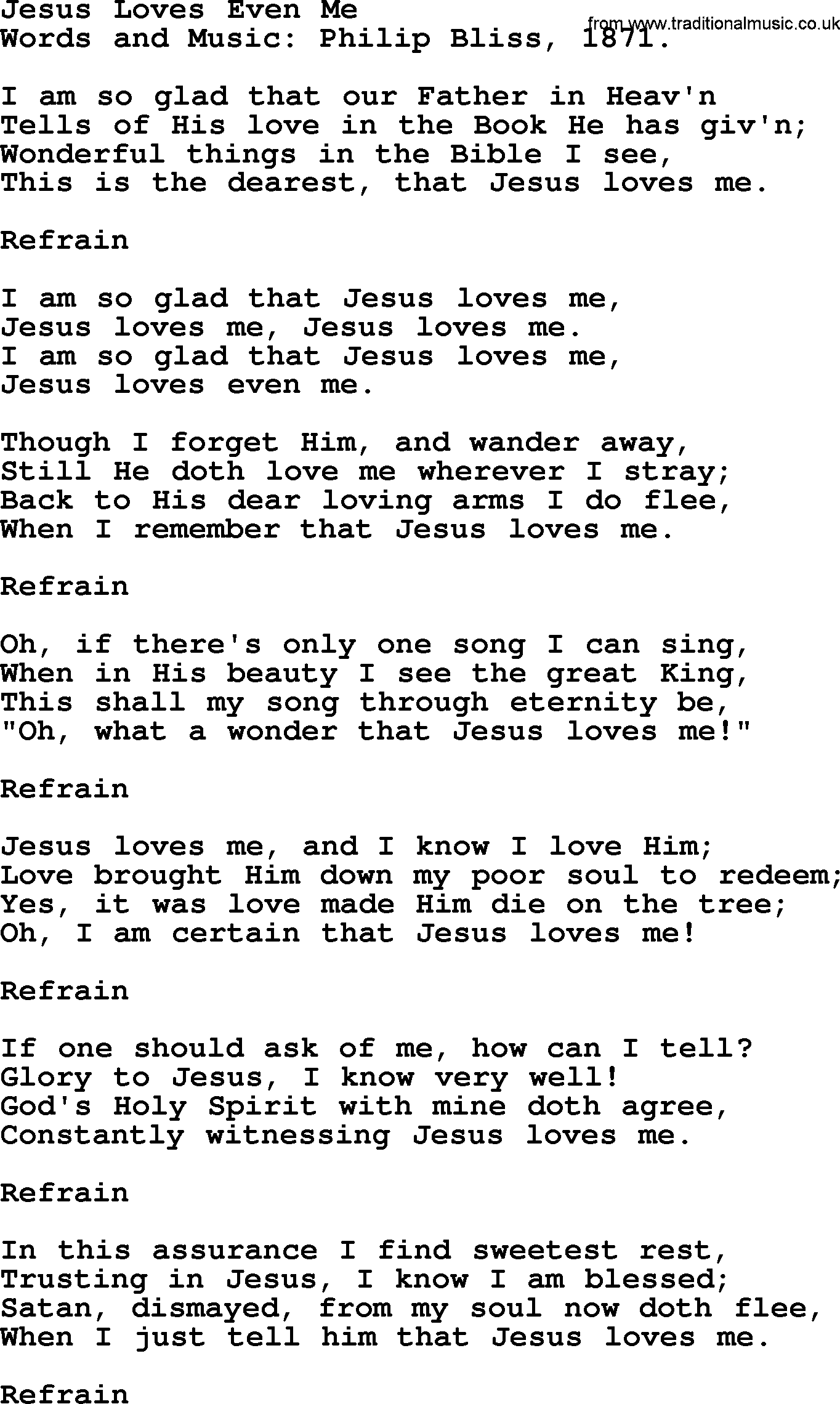 Philip Bliss Song: Jesus Loves Even Me, lyrics