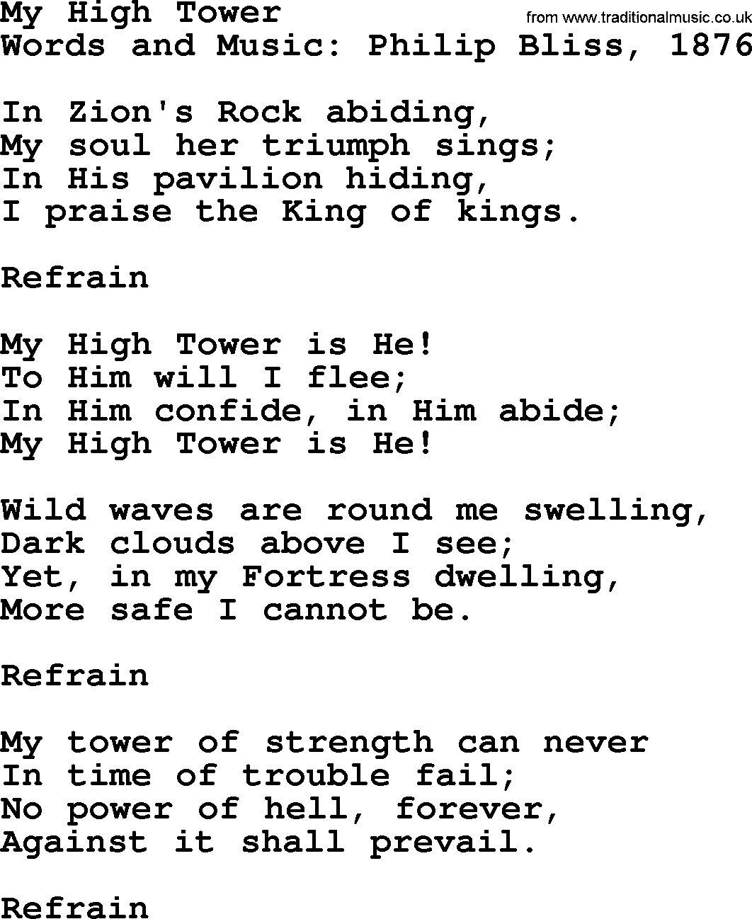 Philip Bliss Song: My High Tower, lyrics