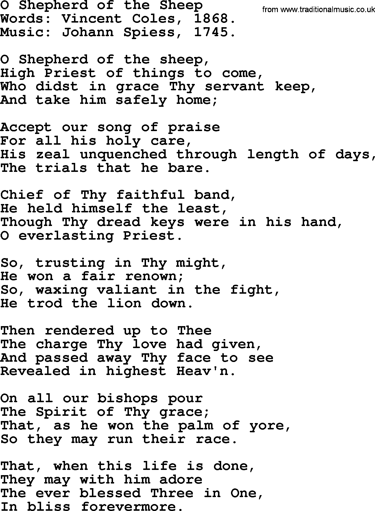 Philip Bliss Song: O Shepherd Of The Sheep, lyrics