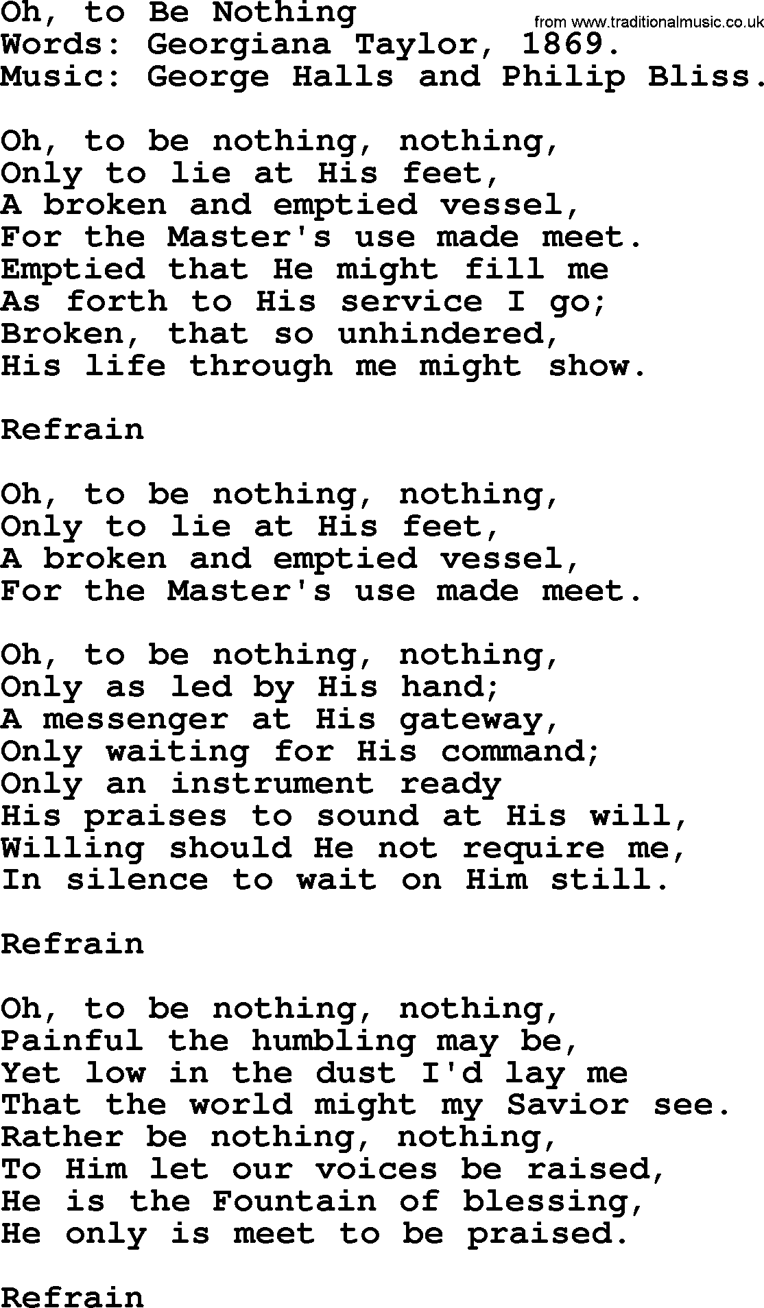 Philip Bliss Song: Oh, To Be Nothing, lyrics