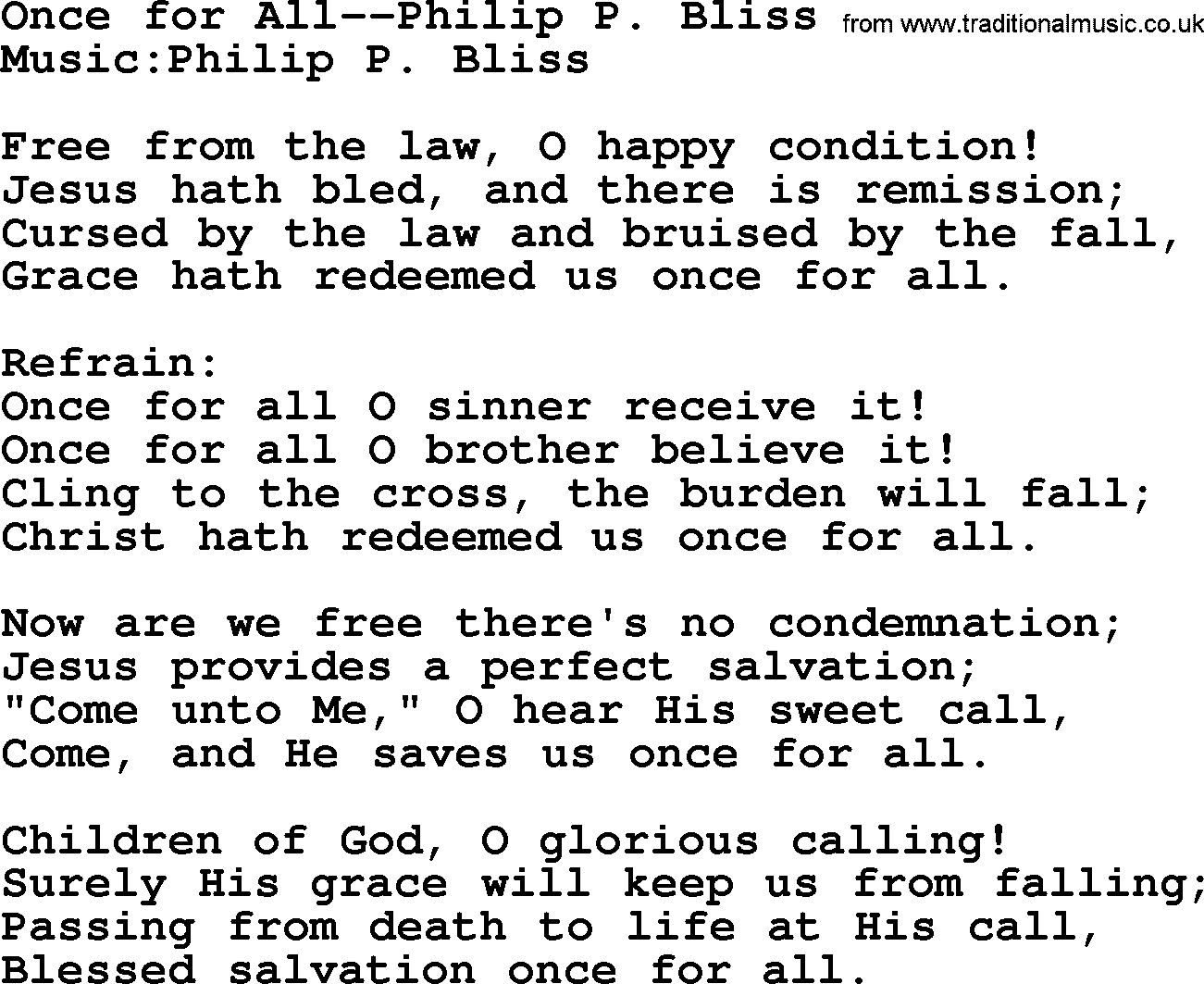 Philip Bliss Song: Once For All, lyrics