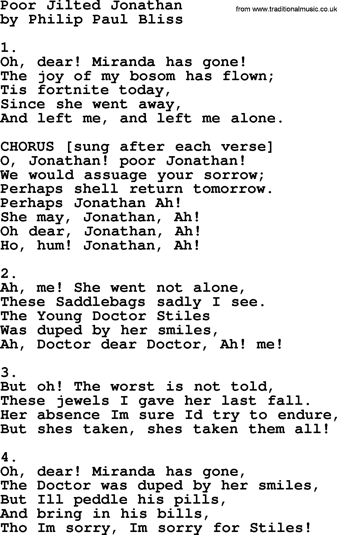 Philip Bliss Song: Poor Jilted Jonathan, lyrics