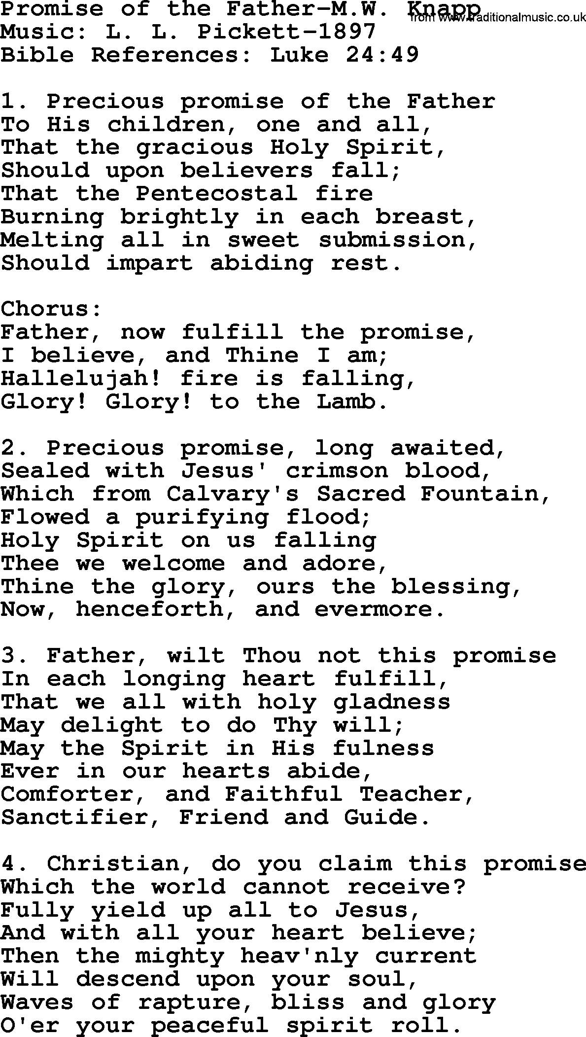 Philip Bliss Song: Promise Of The Father-M.W. Knapp, lyrics
