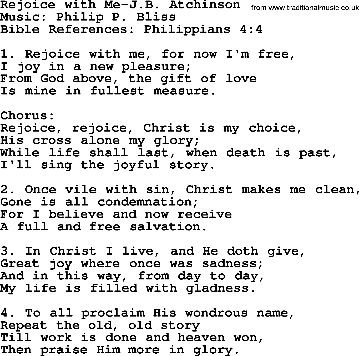 Philip Bliss Song: Rejoice With Me, lyrics