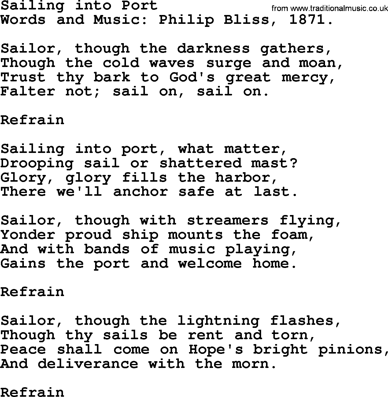 Philip Bliss Song: Sailing Into Port, lyrics