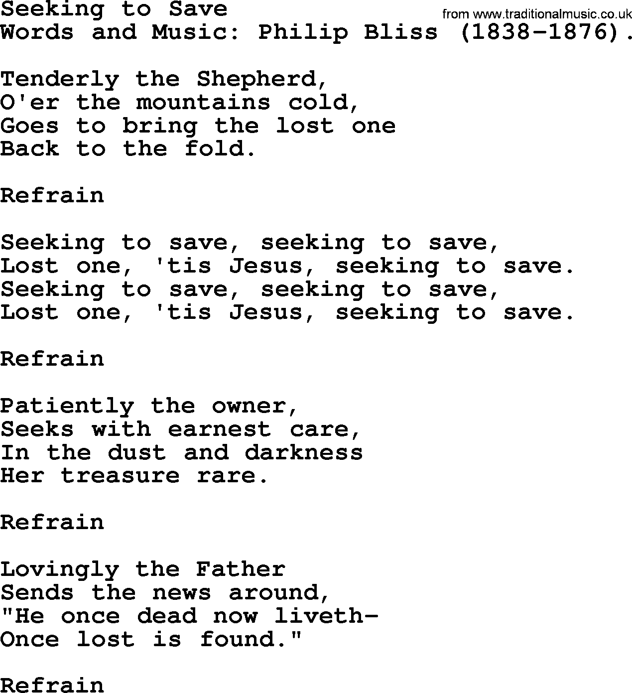 Philip Bliss Song: Seeking To Save, lyrics