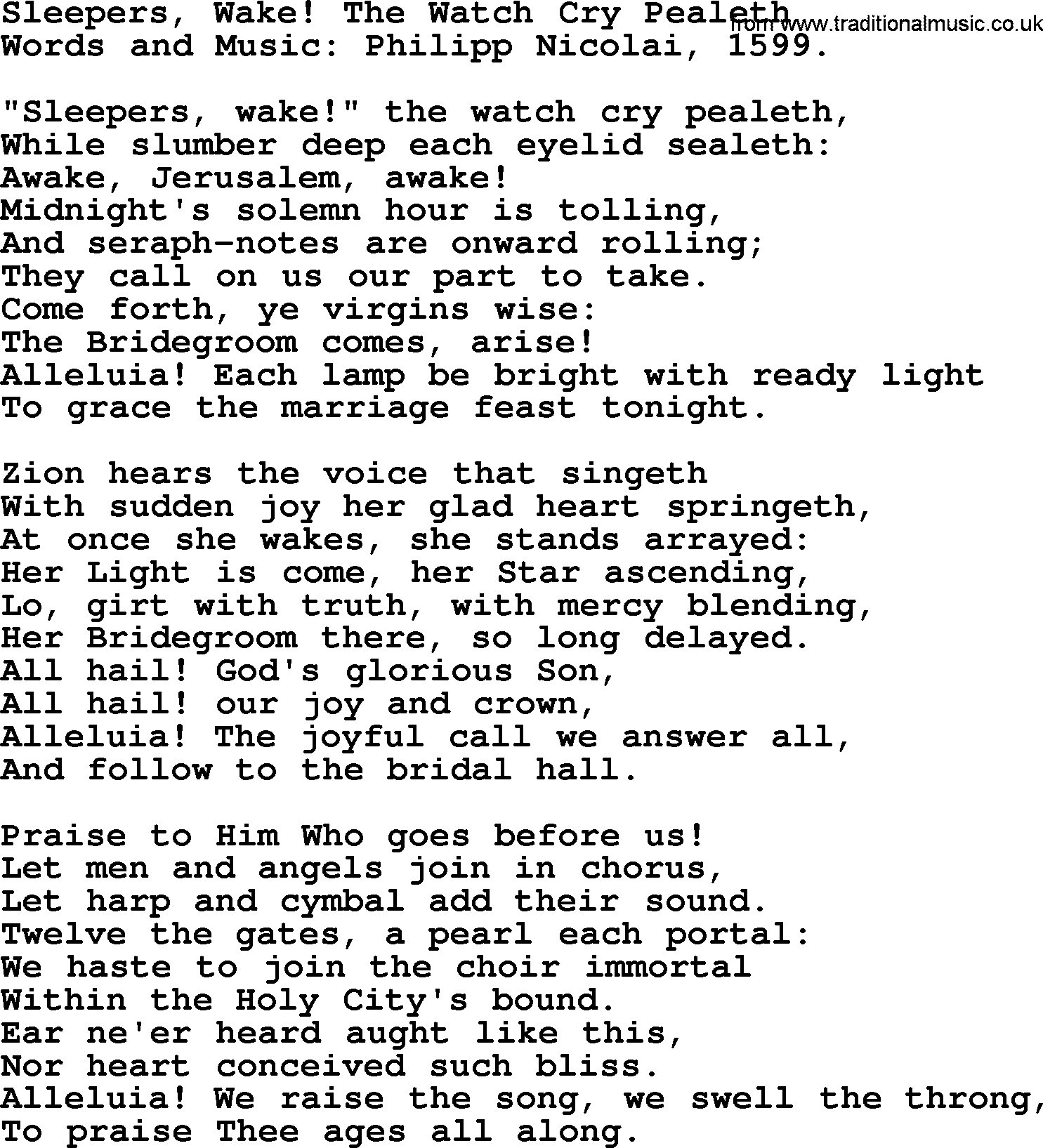 Philip Bliss Song: Sleepers, Wake! The Watch Cry Pealeth, lyrics