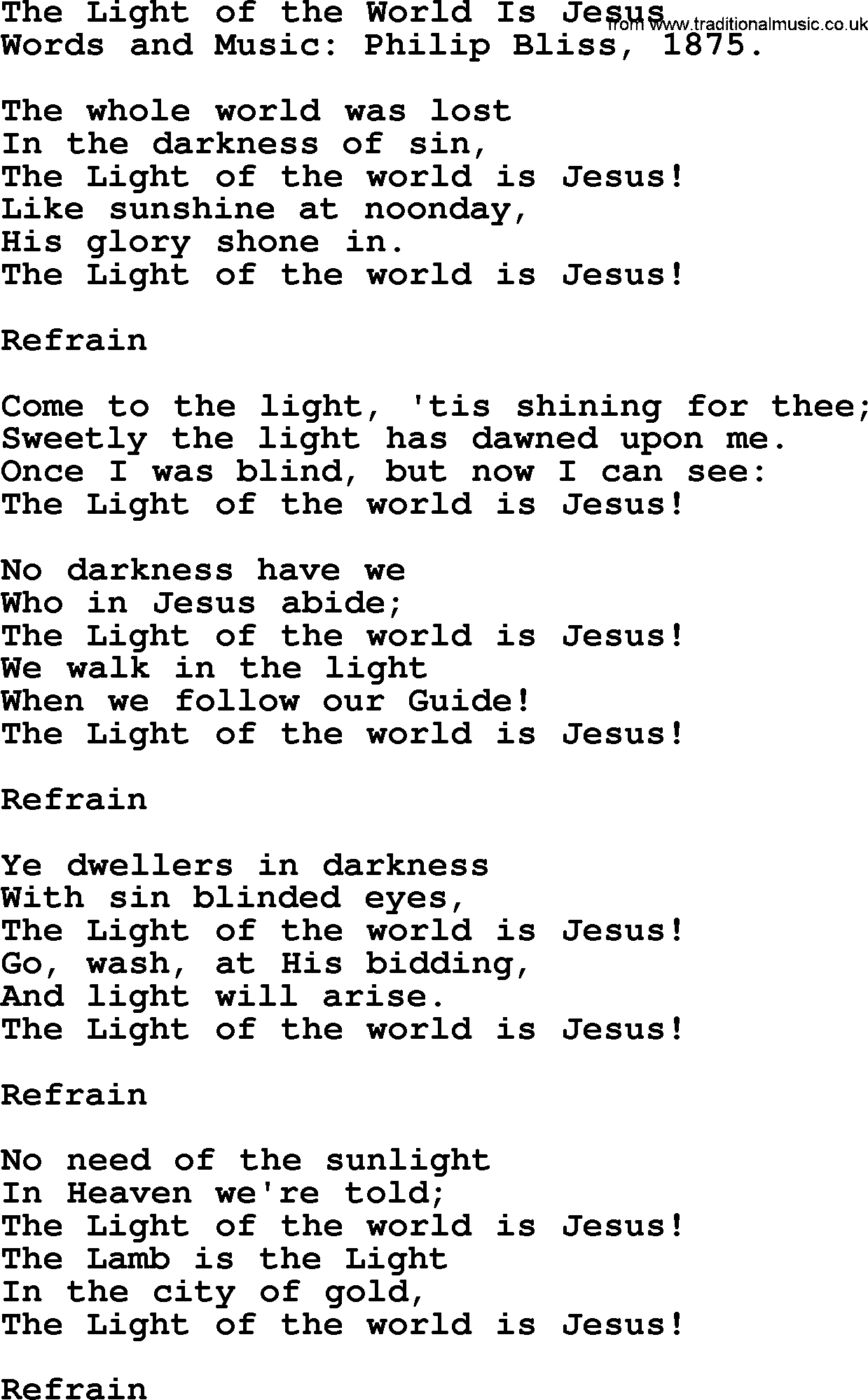 Philip Bliss Song: The Light Of The World Is Jesus, lyrics
