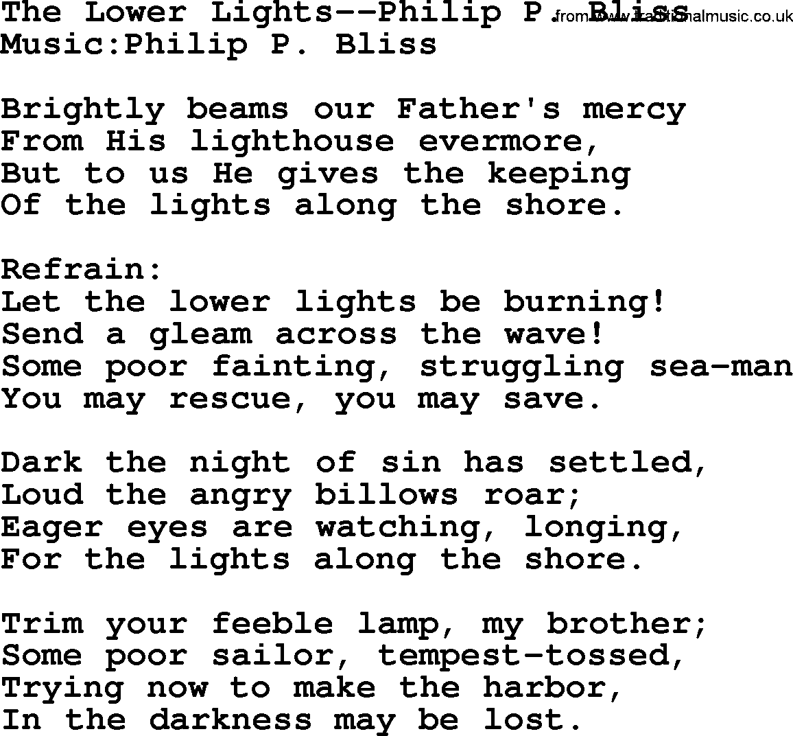 Philip Bliss Song: The Lower Lights, lyrics