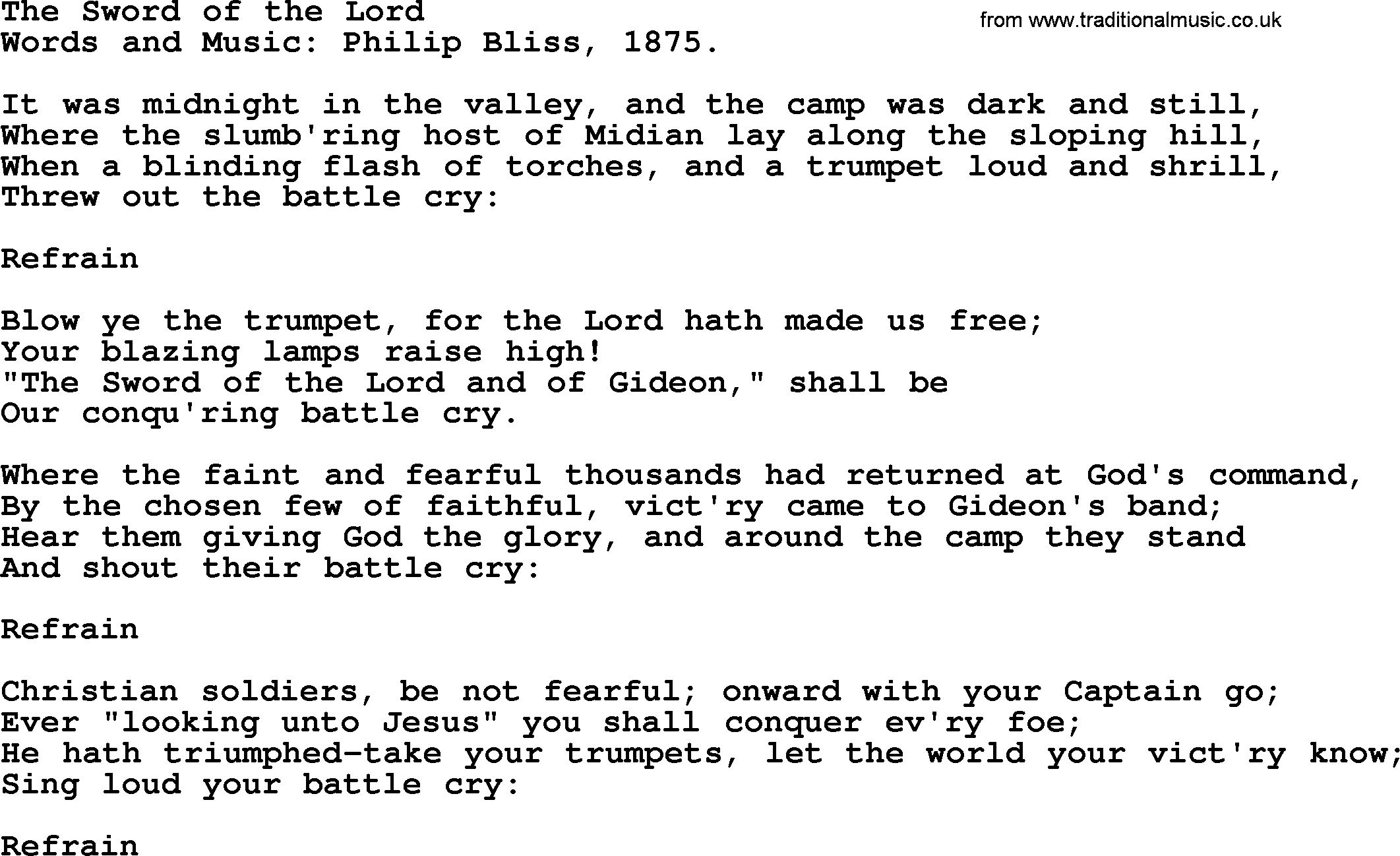 Philip Bliss Song: The Sword Of The Lord, lyrics
