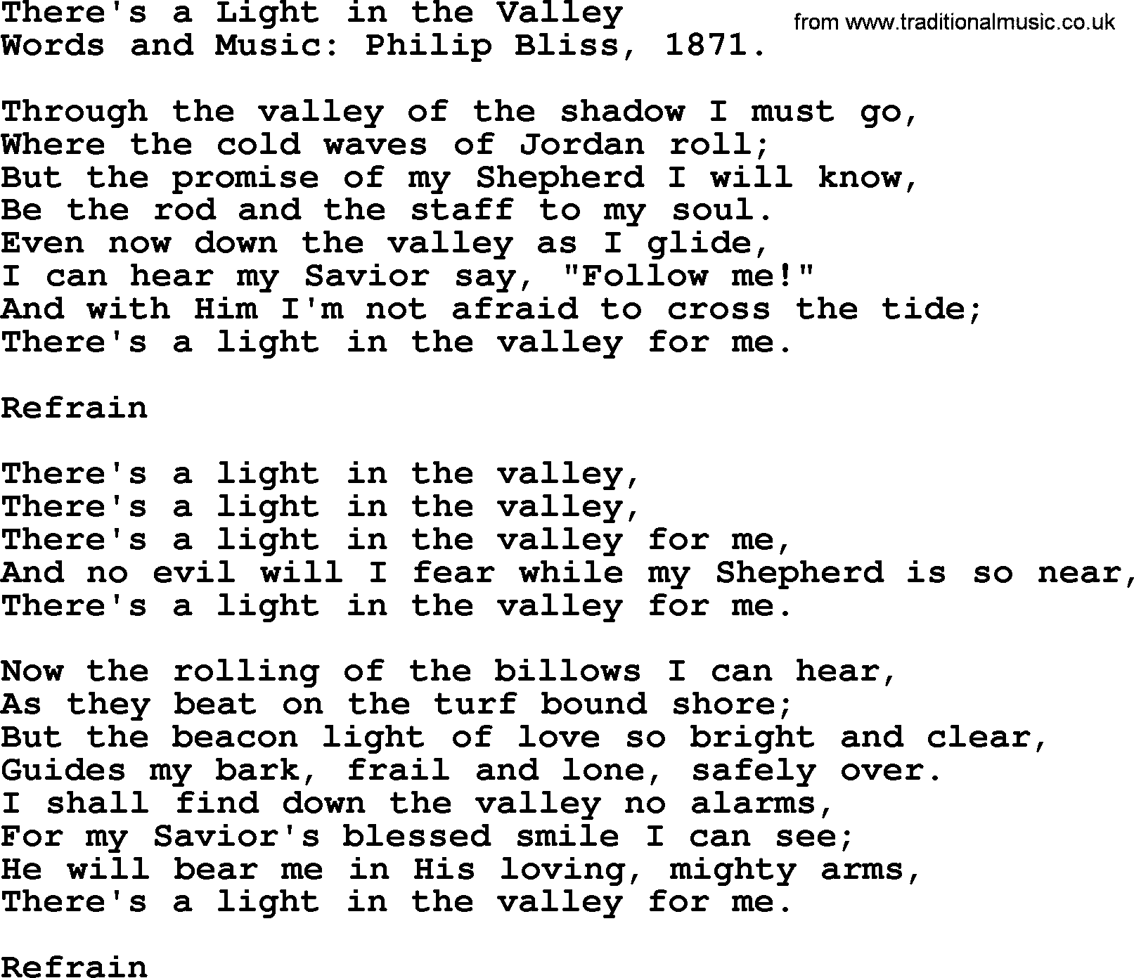 Philip Bliss Song: There's A Light In The Valley, lyrics