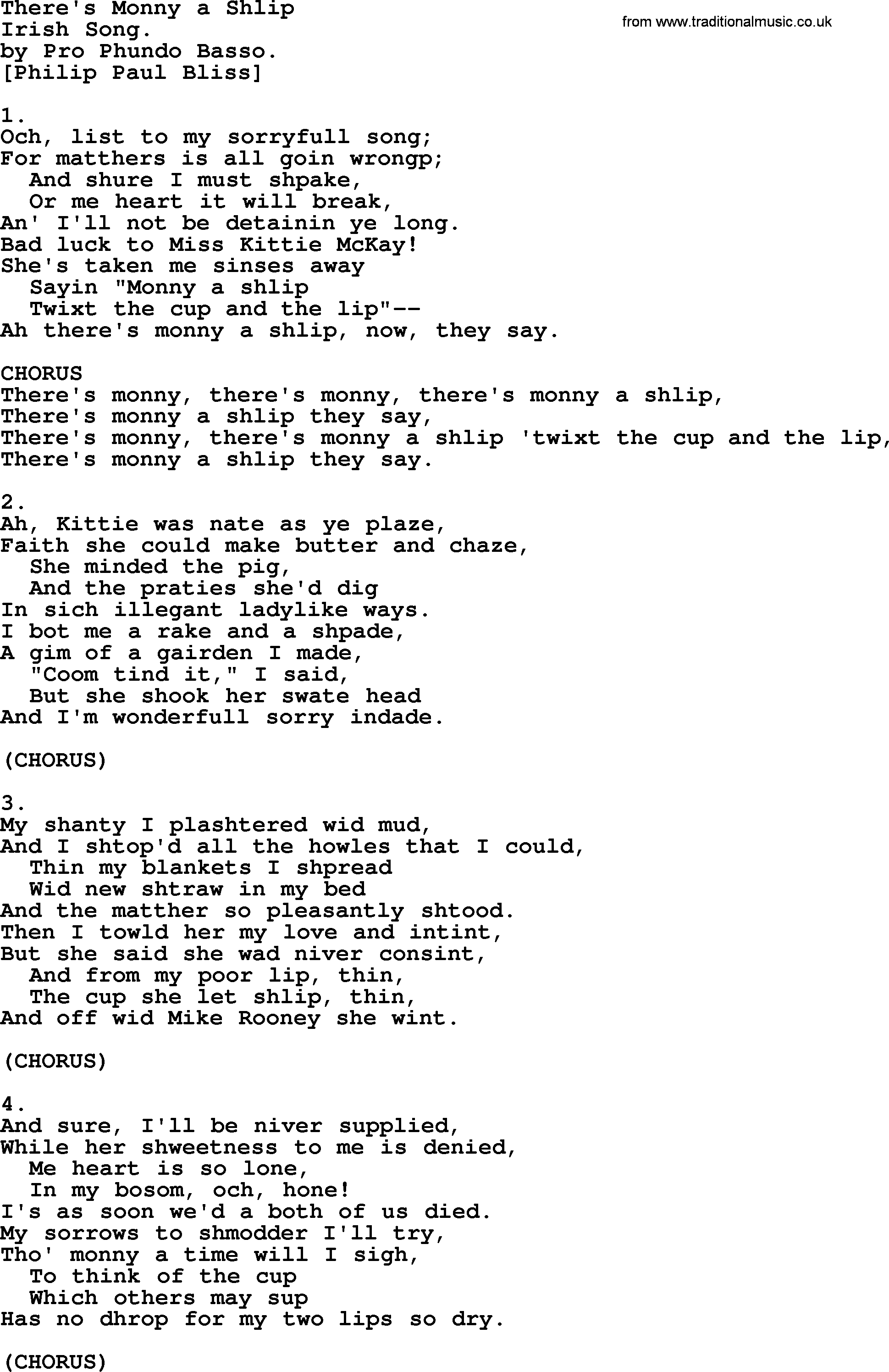Philip Bliss Song: There's Monny A Shlip, lyrics
