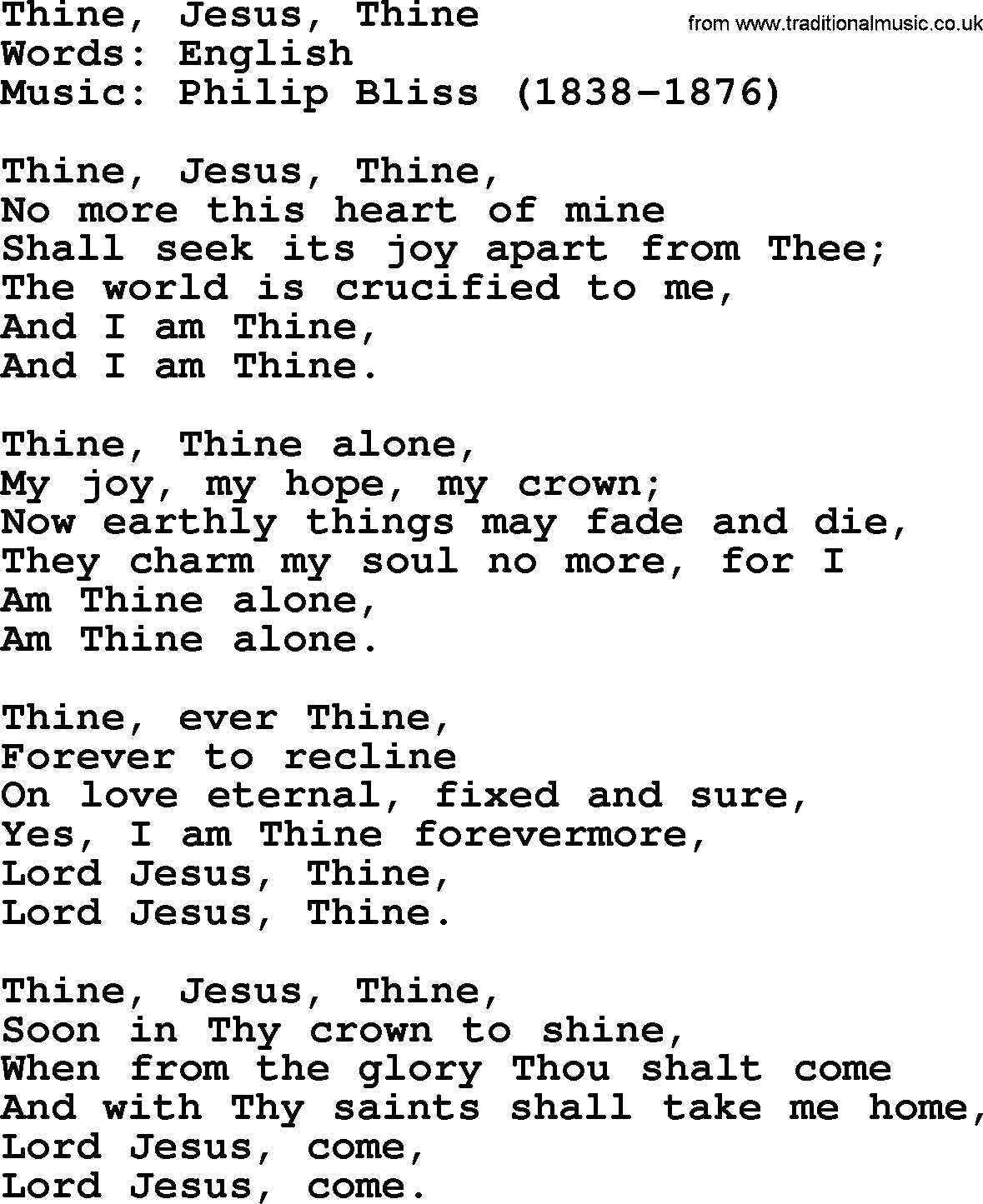 Philip Bliss Song: Thine, Jesus, Thine, lyrics