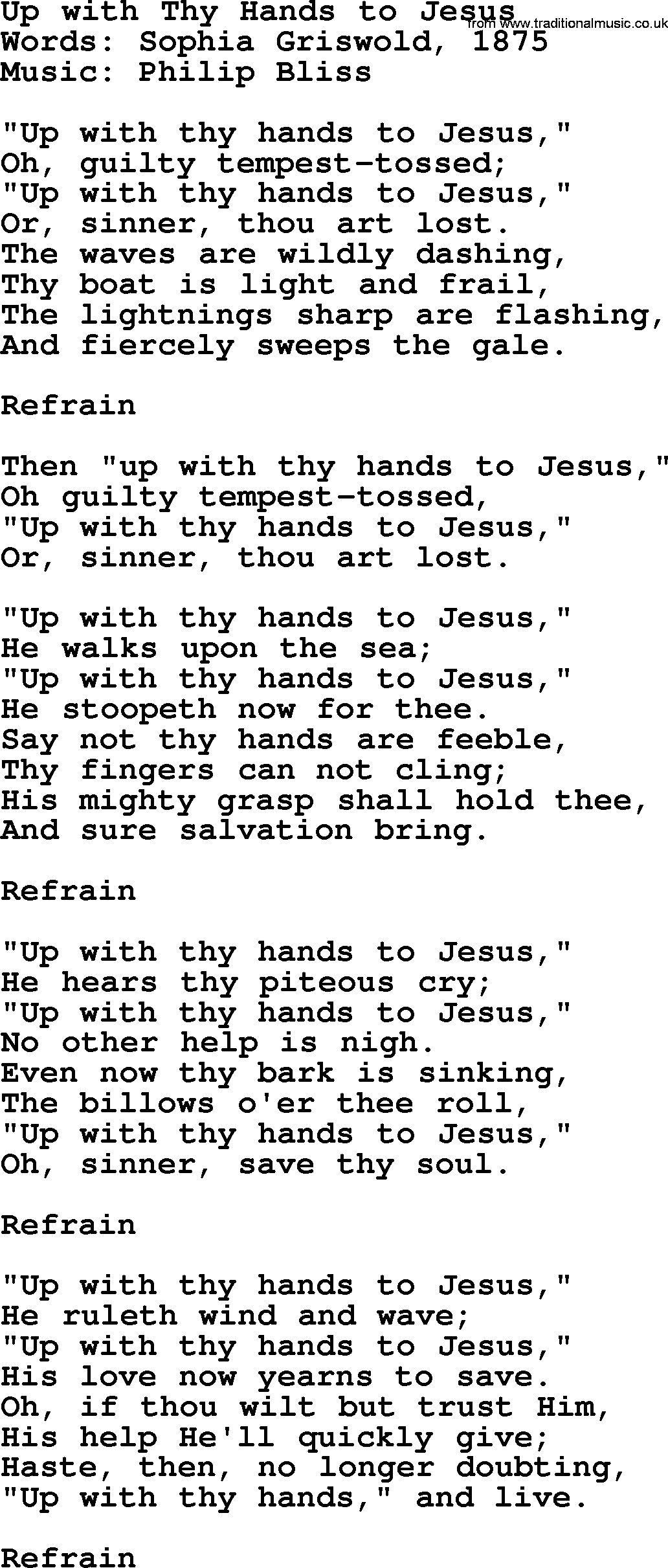 Philip Bliss Song: Up With Thy Hands To Jesus, lyrics