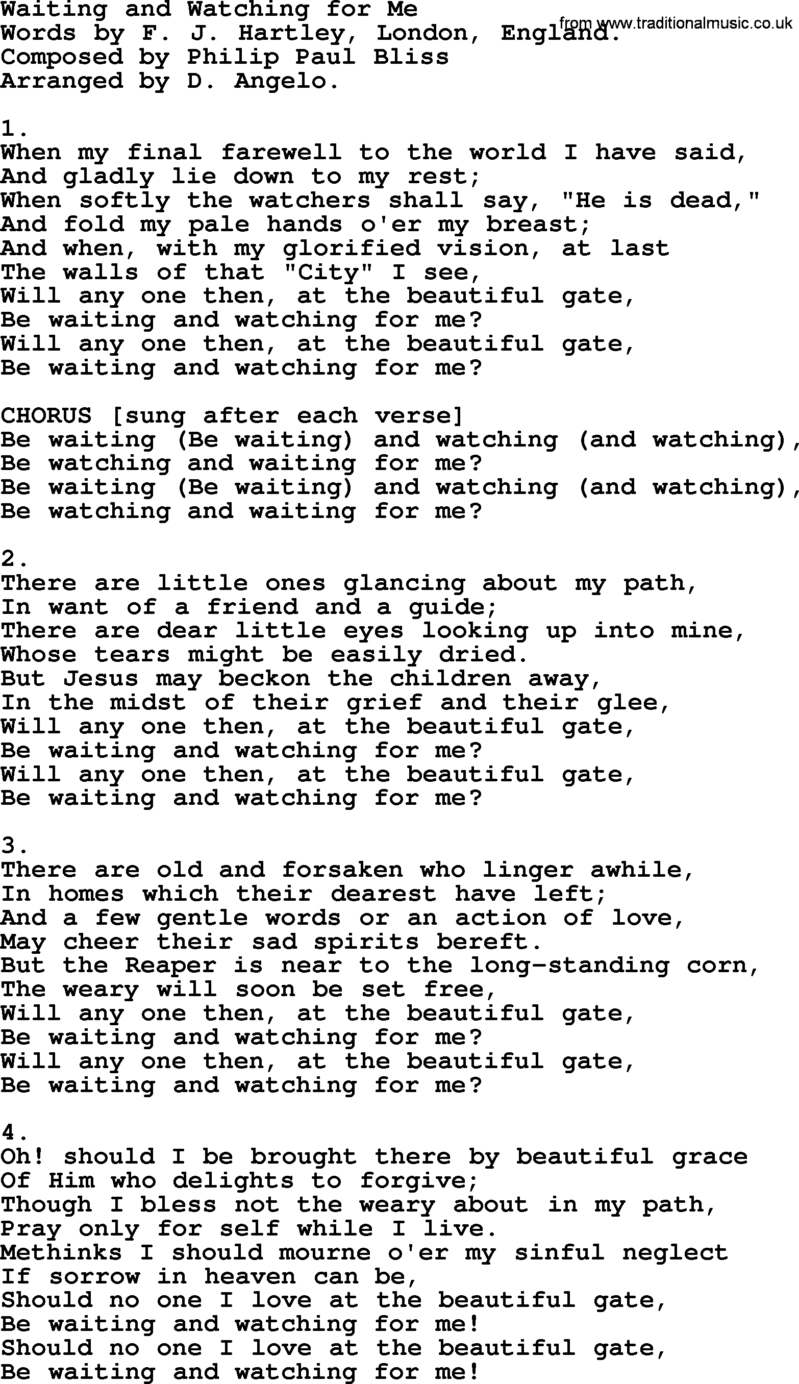 Philip Bliss Song: Waiting And Watching For Me, lyrics