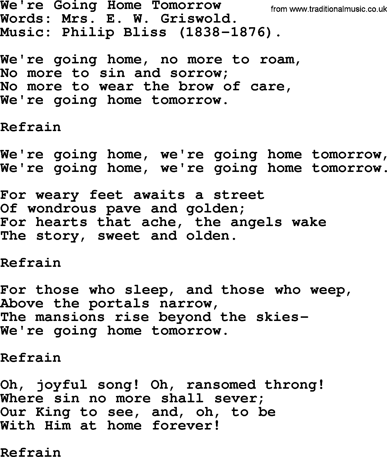 Philip Bliss Song: We're Going Home Tomorrow, lyrics