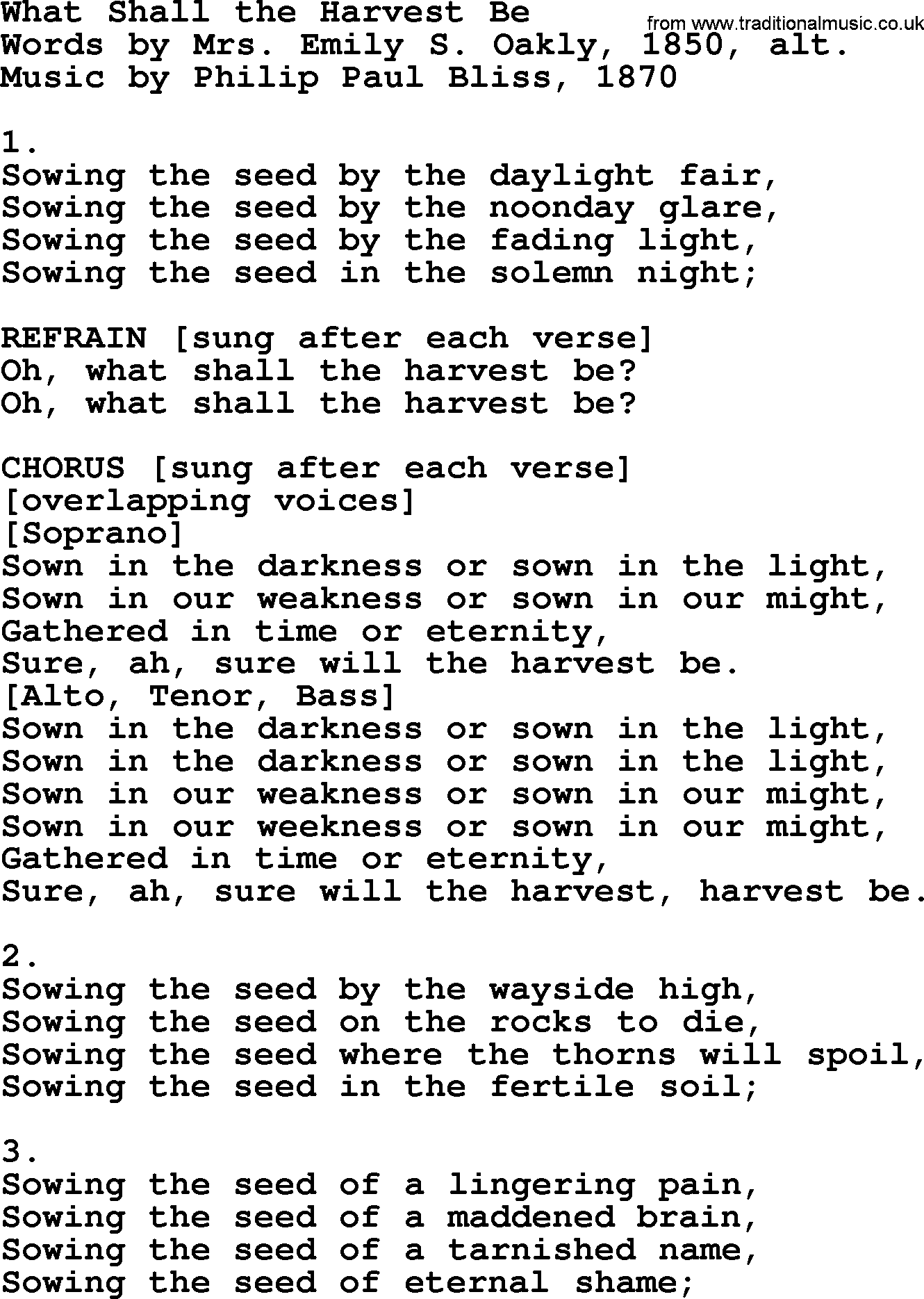 Philip Bliss Song: What Shall The Harvest Be, lyrics