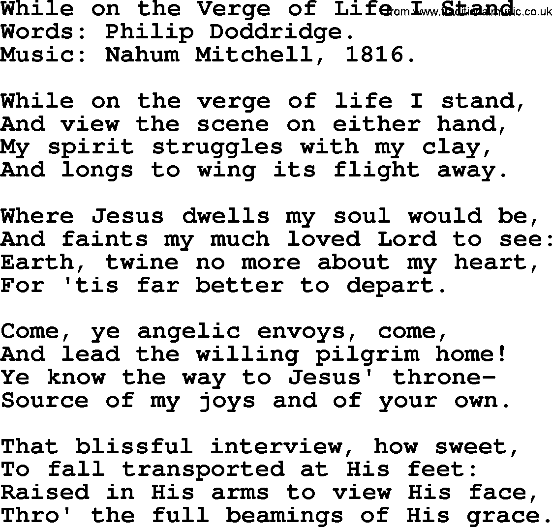 Philip Bliss Song: While On The Verge Of Life I Stand, lyrics