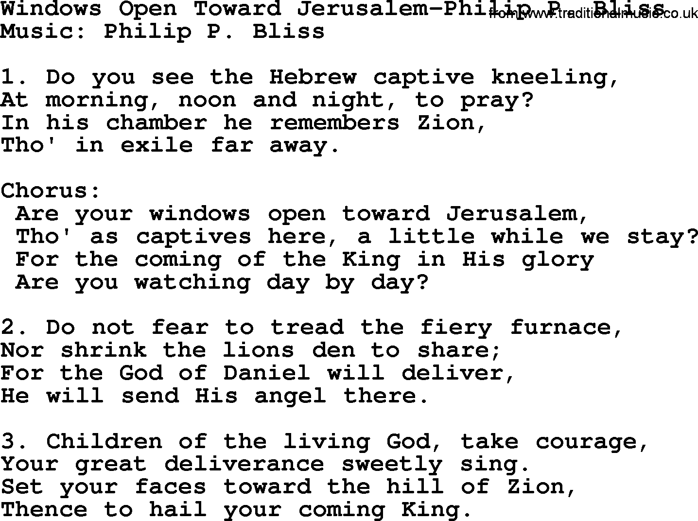 Philip Bliss Song: Windows Open Toward Jerusalems, lyrics