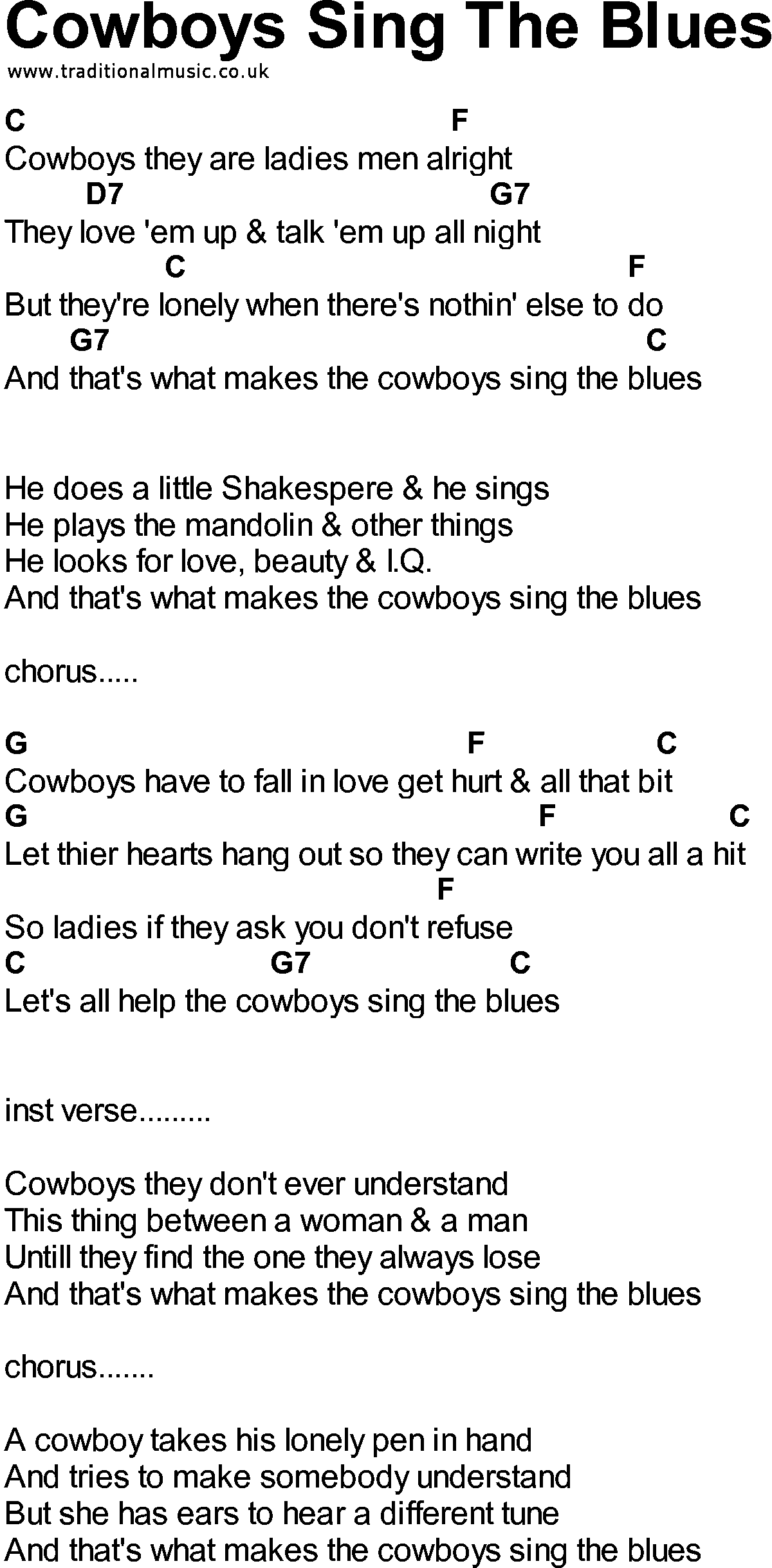 Bluegrass songs with chords - Cowboys Sing The Blues