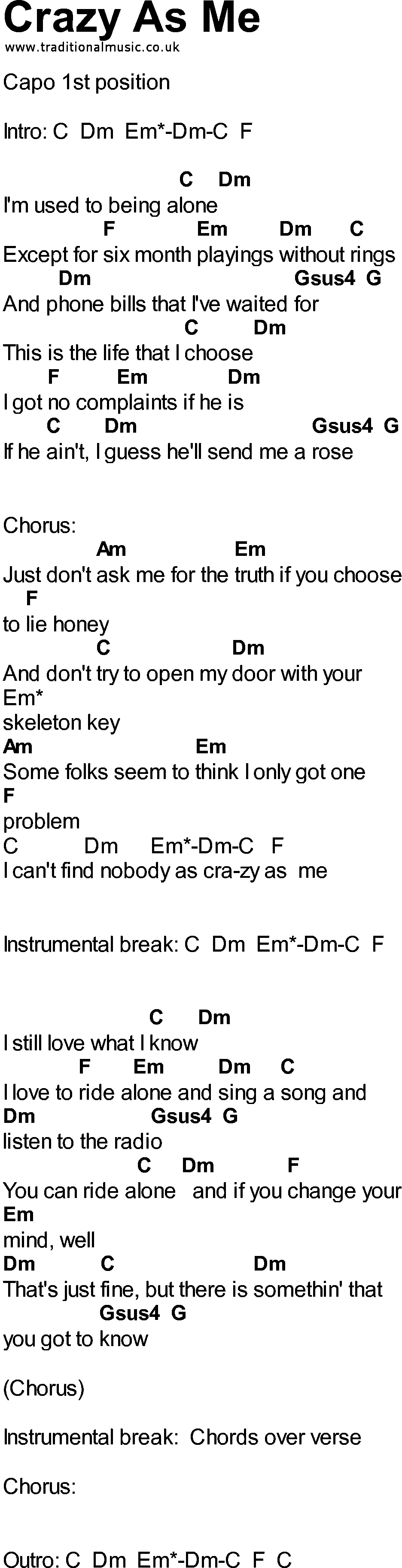 Bluegrass songs with chords - Crazy As Me