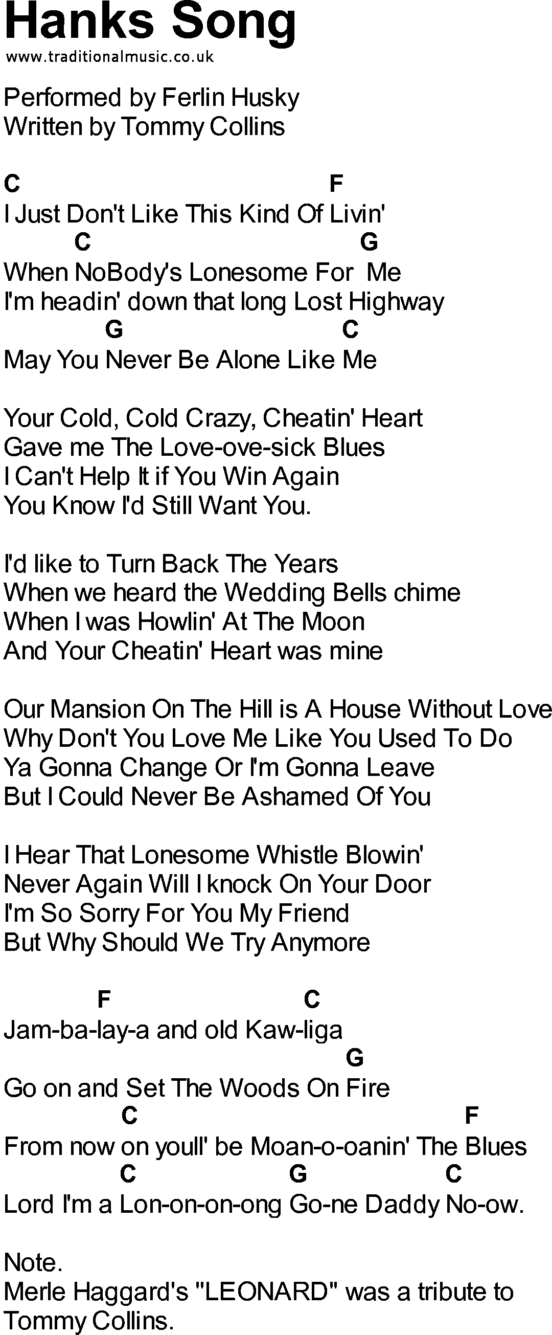 Bluegrass songs with chords - Hanks Song