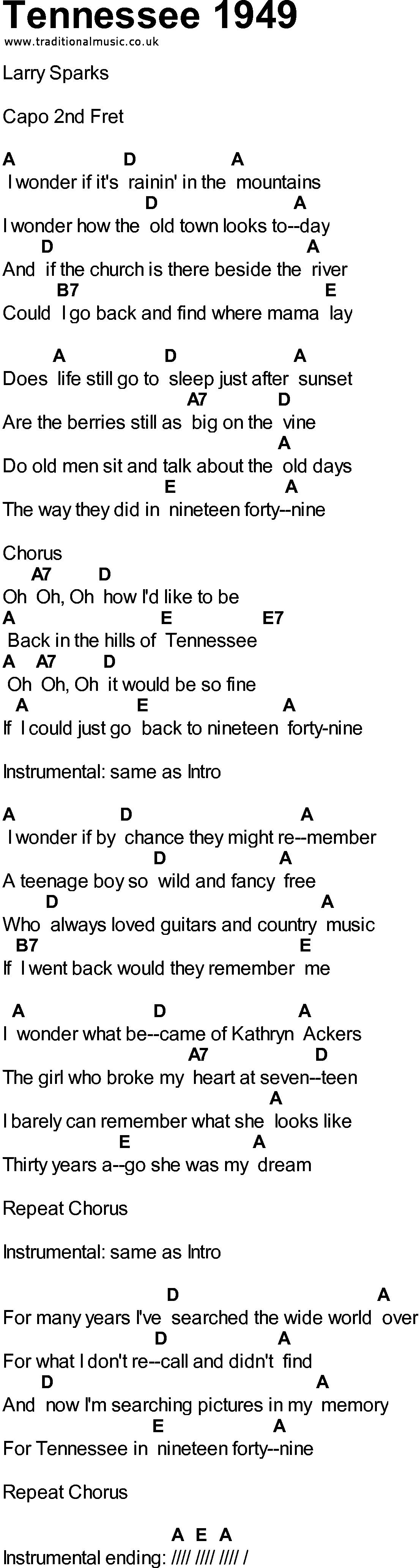 Bluegrass songs with chords - Tennessee 1949