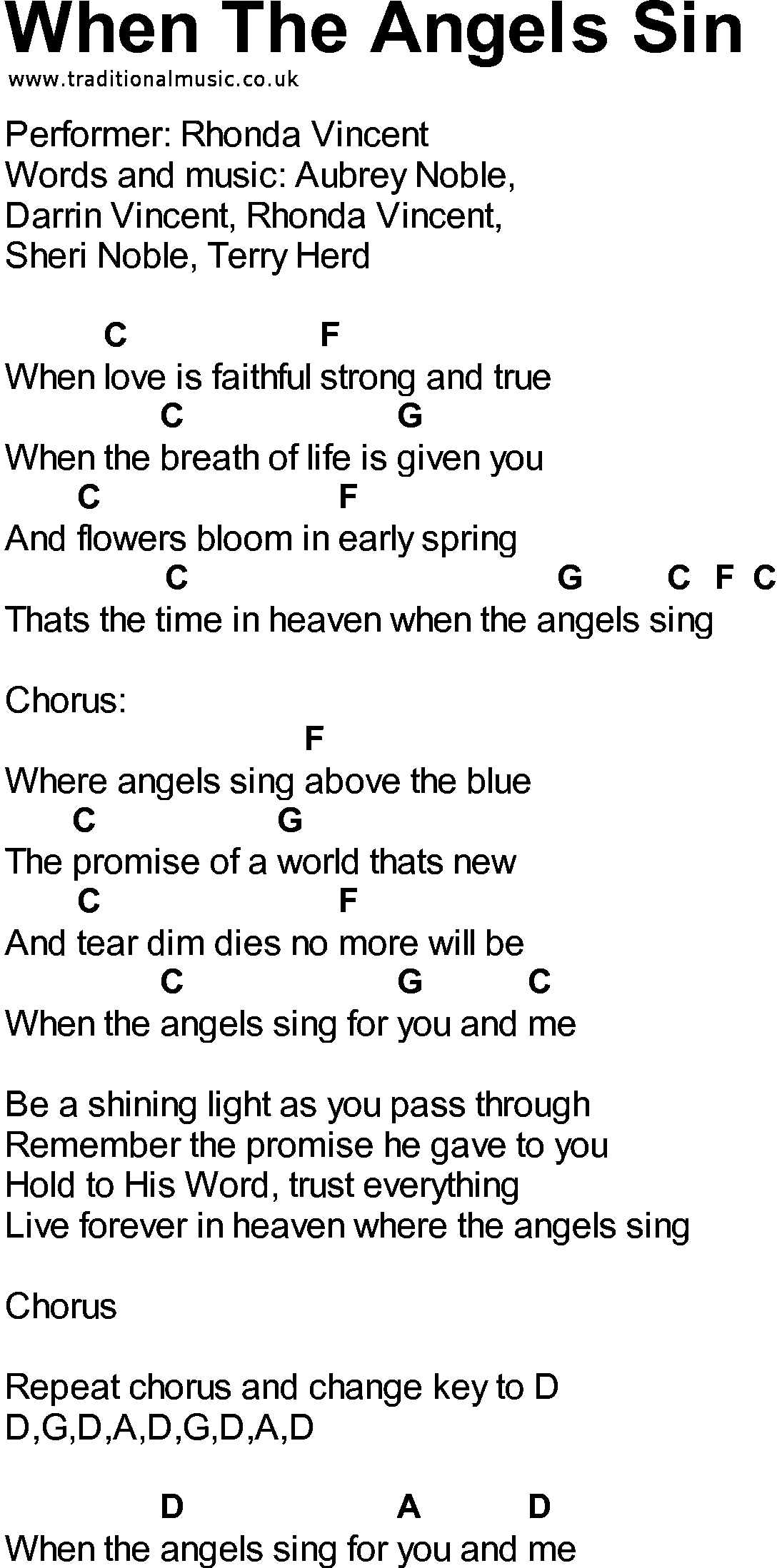 Bluegrass songs with chords - When The Angels Sin