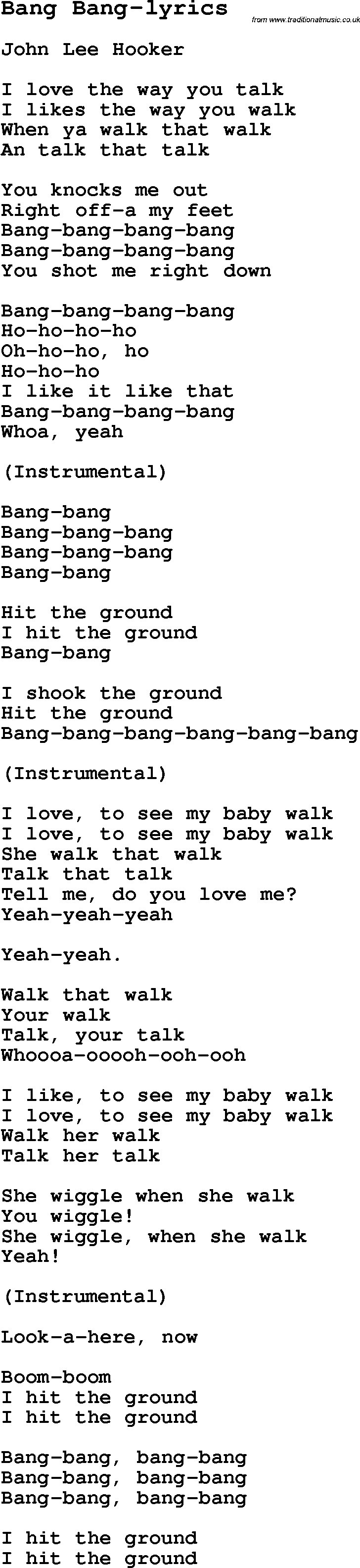 Blues Guitar Song, lyrics, chords, tablature, playing hints for Bang Bang-lyrics