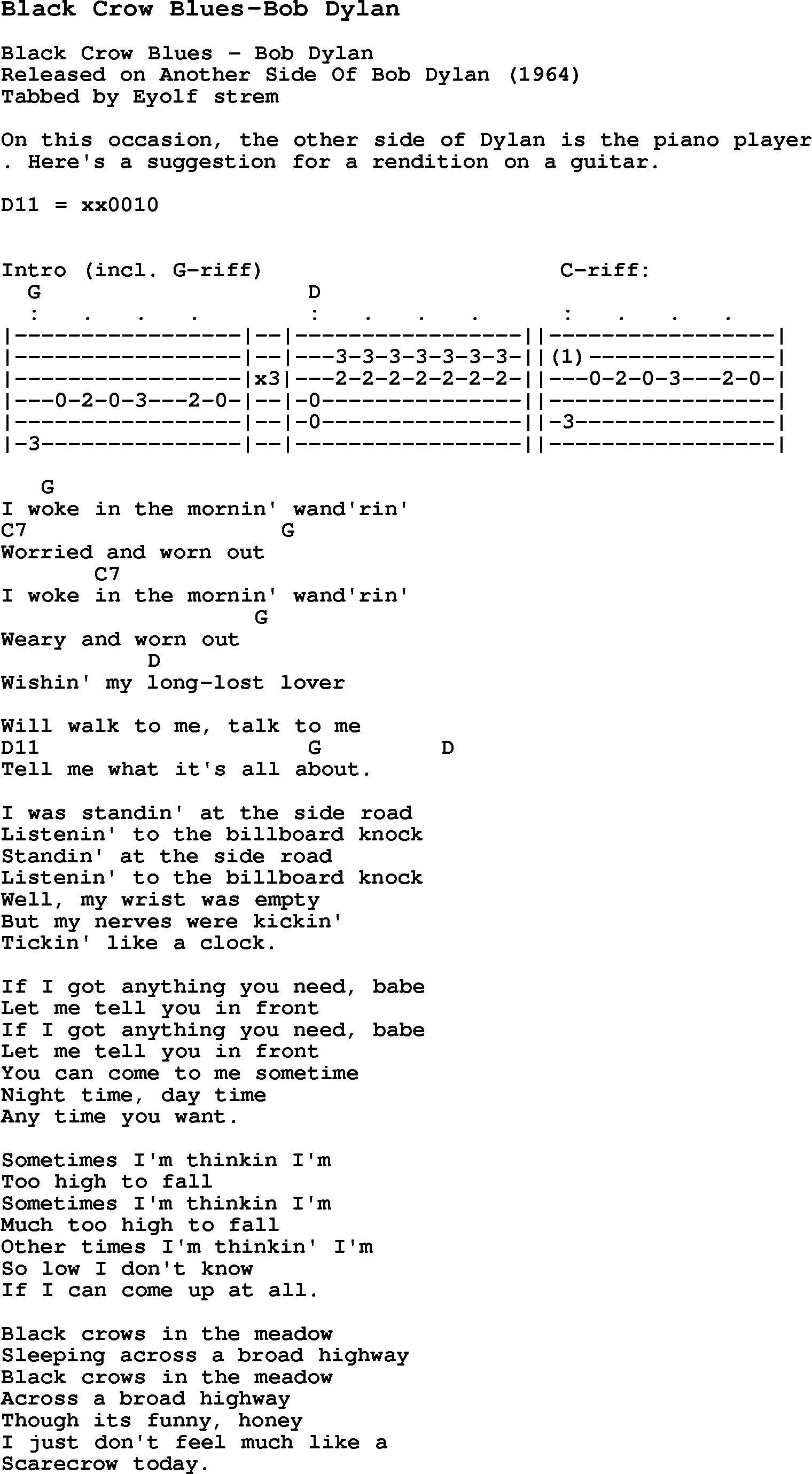 Blues Guitar Song, lyrics, chords, tablature, playing hints for Black Crow Blues-Bob Dylan