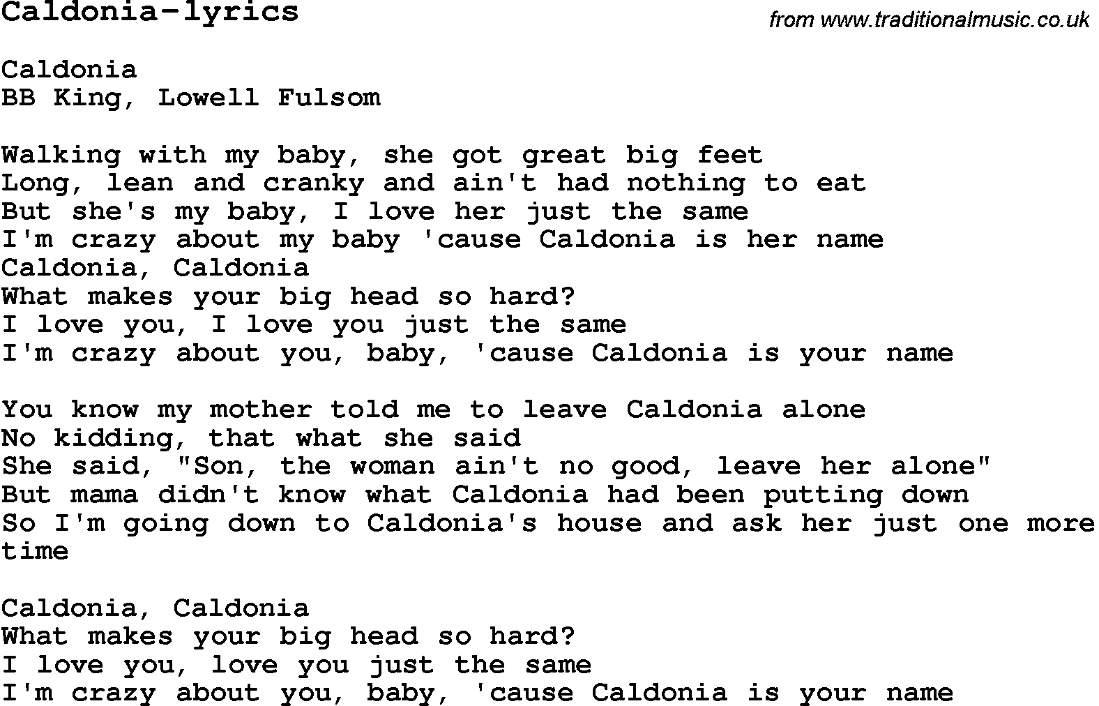 Blues Guitar Song, lyrics, chords, tablature, playing hints for Caldonia-lyrics