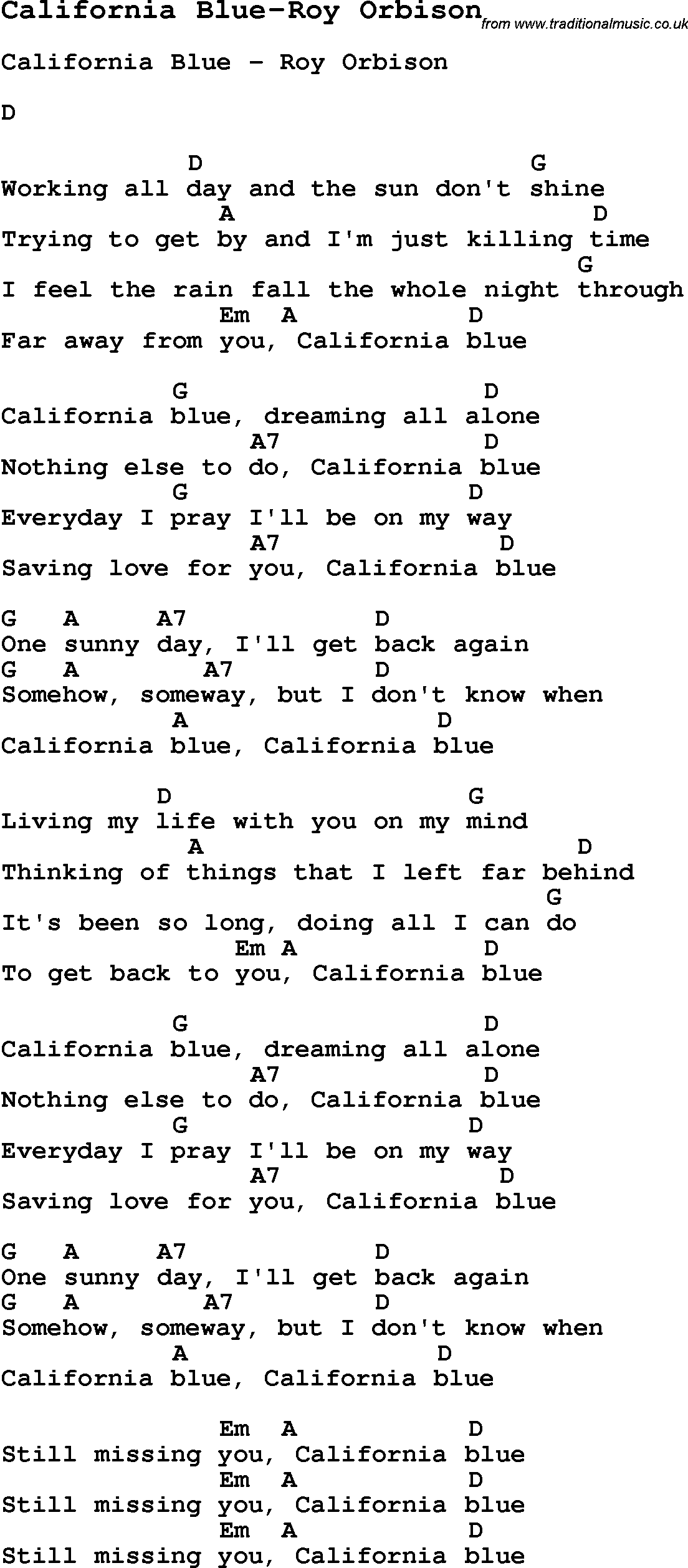 Blues Guitar Song, lyrics, chords, tablature, playing hints for California Blue-Roy Orbison