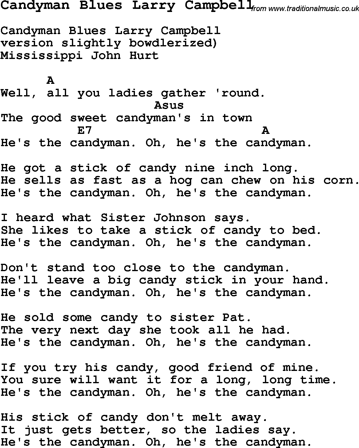 Blues Guitar Song, lyrics, chords, tablature, playing hints for Candyman Blues Larry Campbell