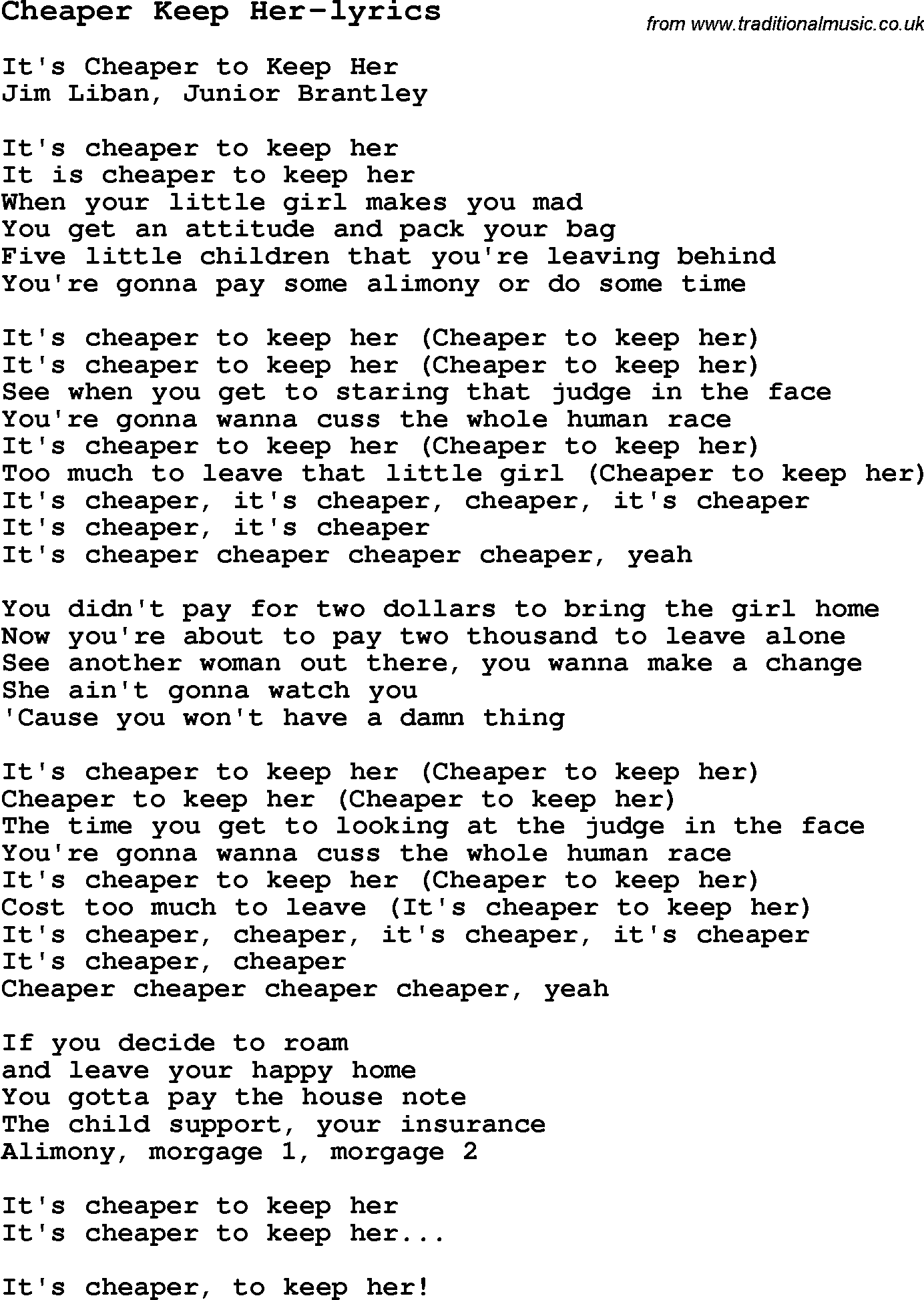 Blues Guitar Song, lyrics, chords, tablature, playing hints for Cheaper Keep Her-lyrics