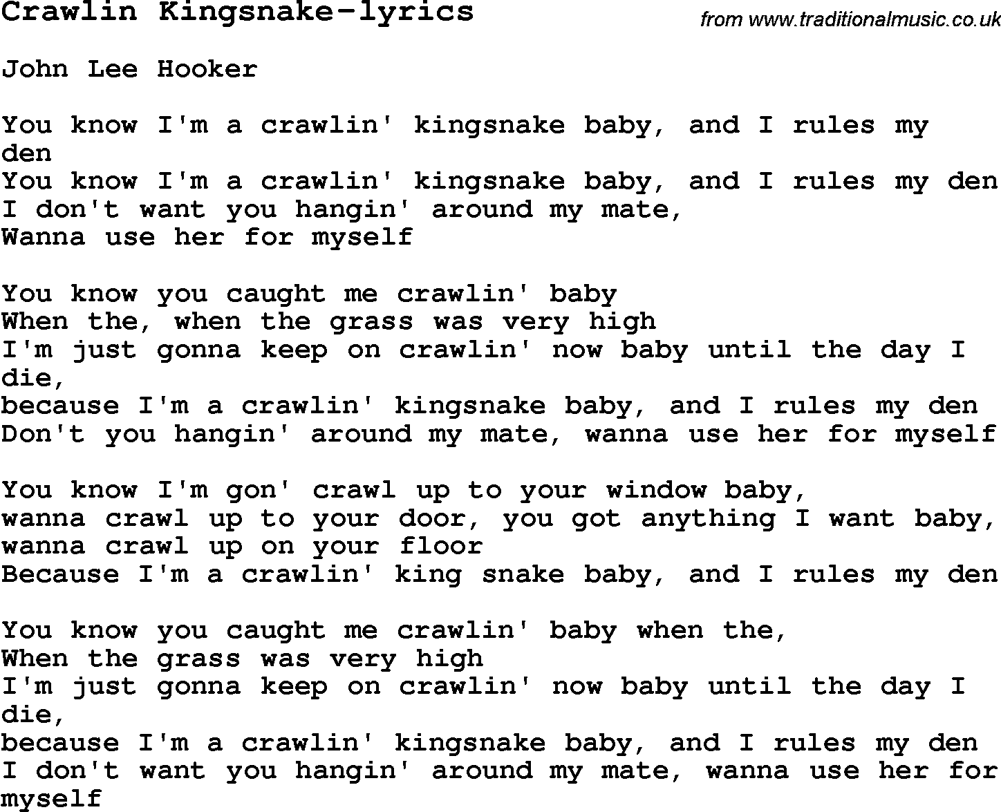 Blues Guitar Song, lyrics, chords, tablature, playing hints for Crawlin Kingsnake-lyrics