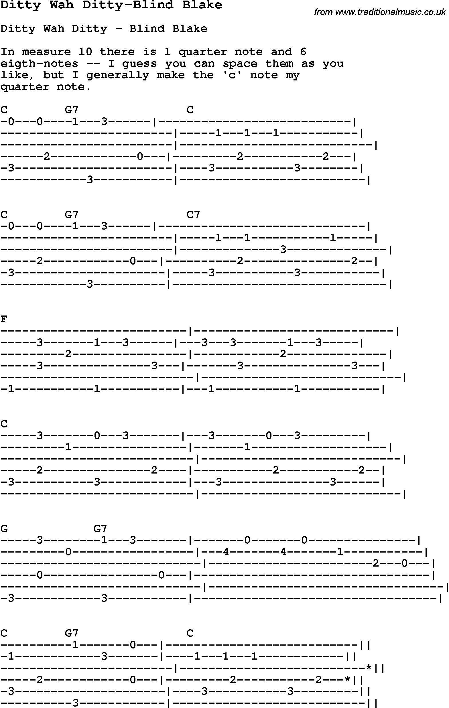 Blues Guitar Song, lyrics, chords, tablature, playing hints for Ditty Wah Ditty-Blind Blake