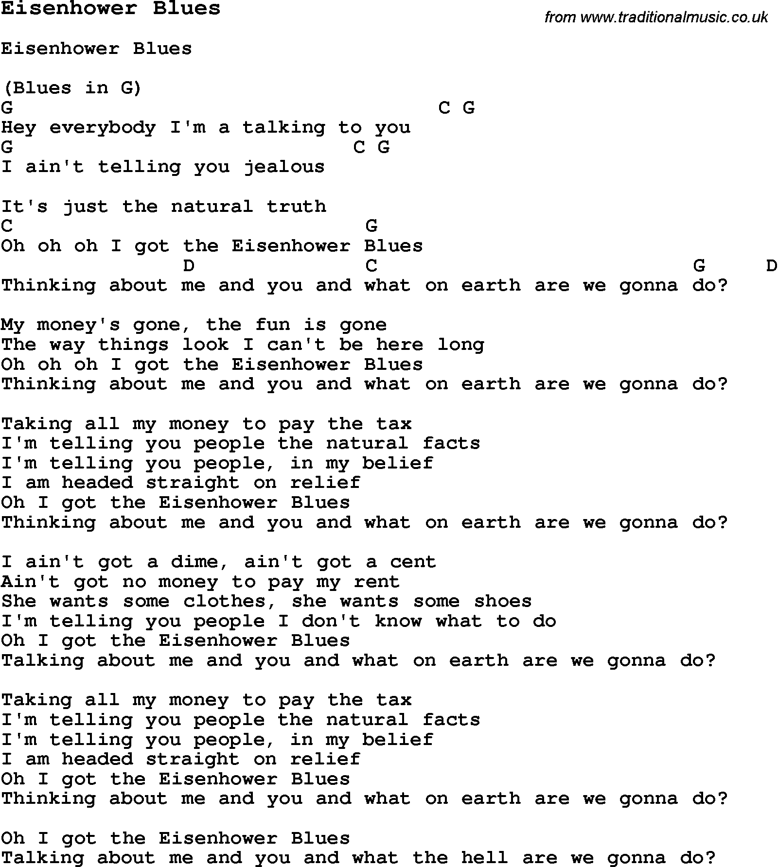 Blues Guitar Song, lyrics, chords, tablature, playing hints for Eisenhower Blues