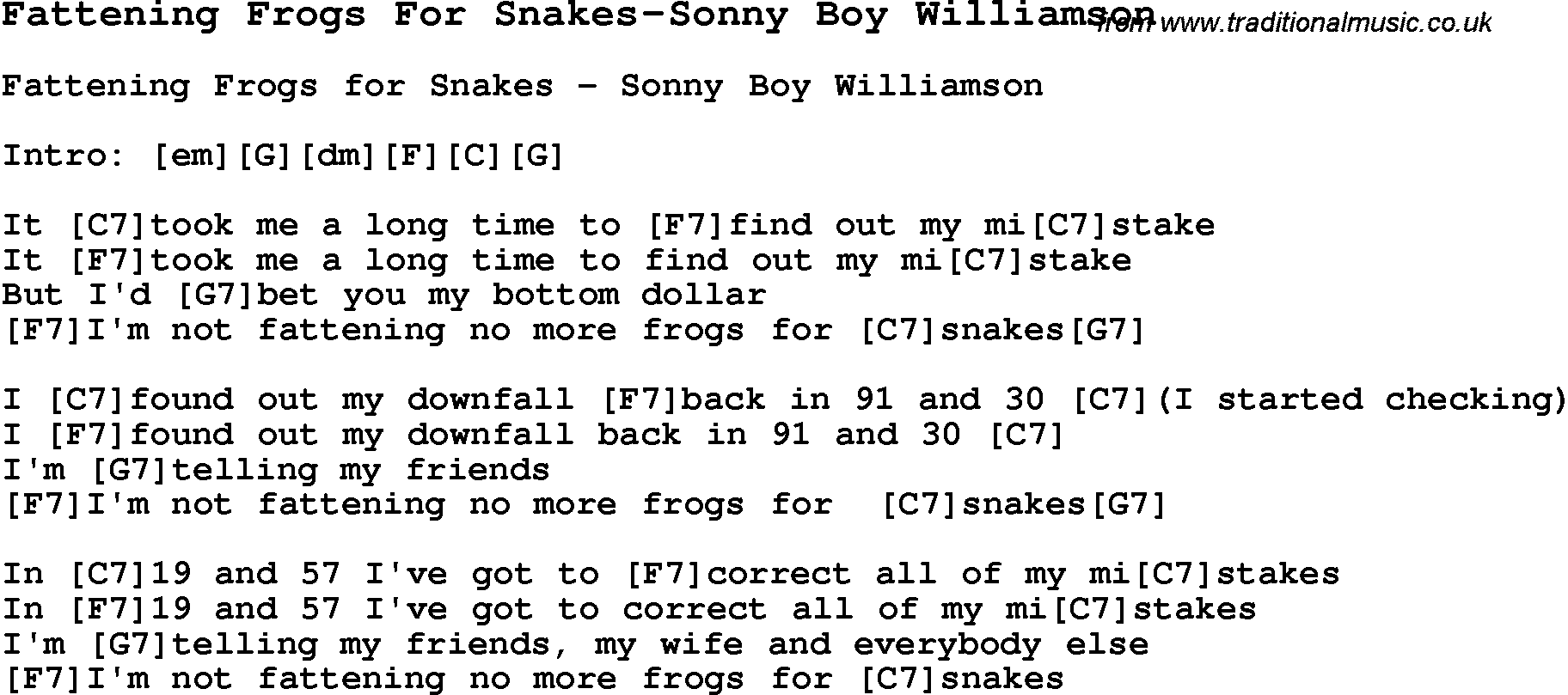 Blues Guitar Song, lyrics, chords, tablature, playing hints for Fattening Frogs For Snakes-Sonny Boy Williamson