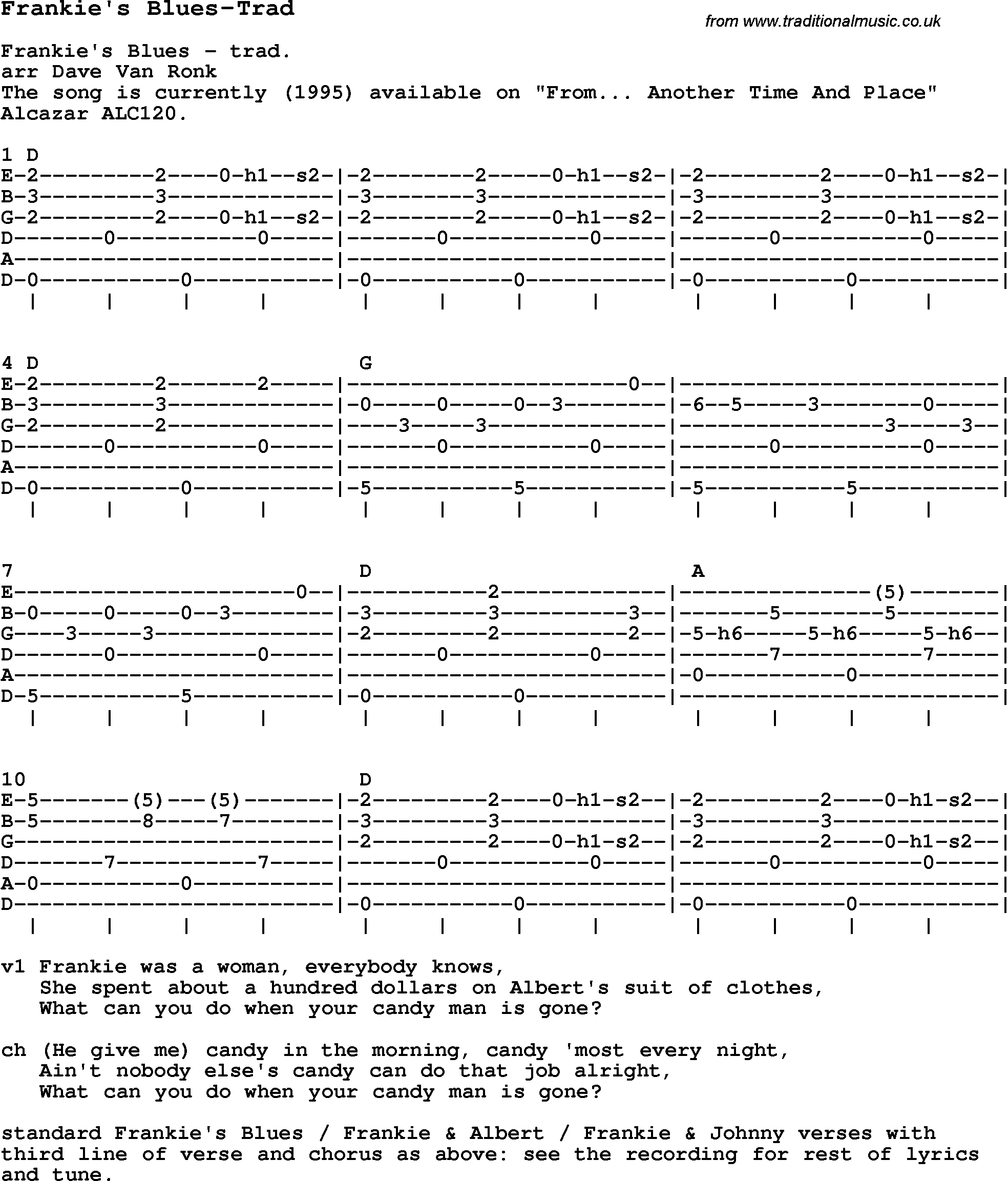 Blues Guitar Song, lyrics, chords, tablature, playing hints for Frankie's Blues-Trad