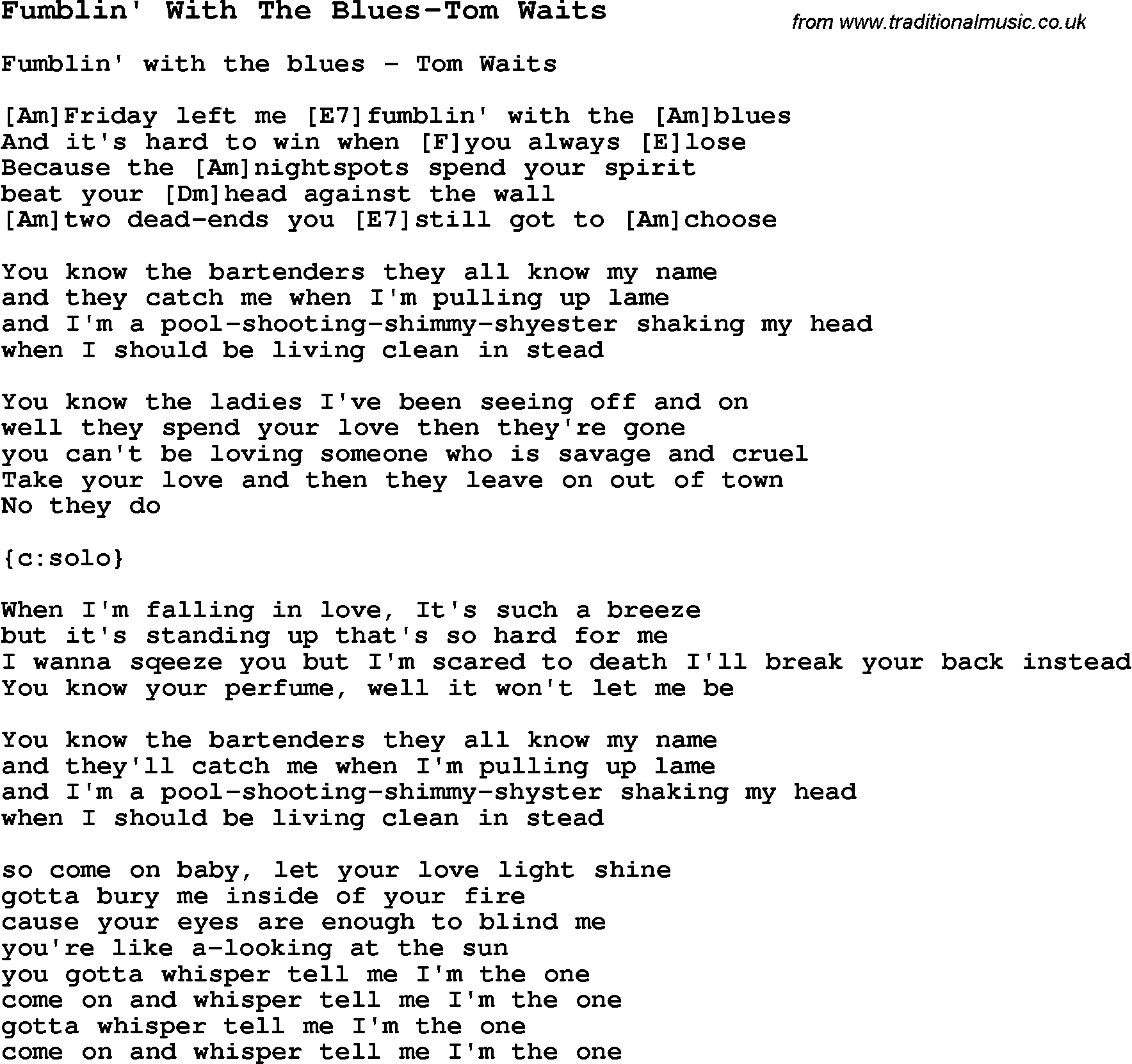 Blues Guitar Song, lyrics, chords, tablature, playing hints for Fumblin' With The Blues-Tom Waits
