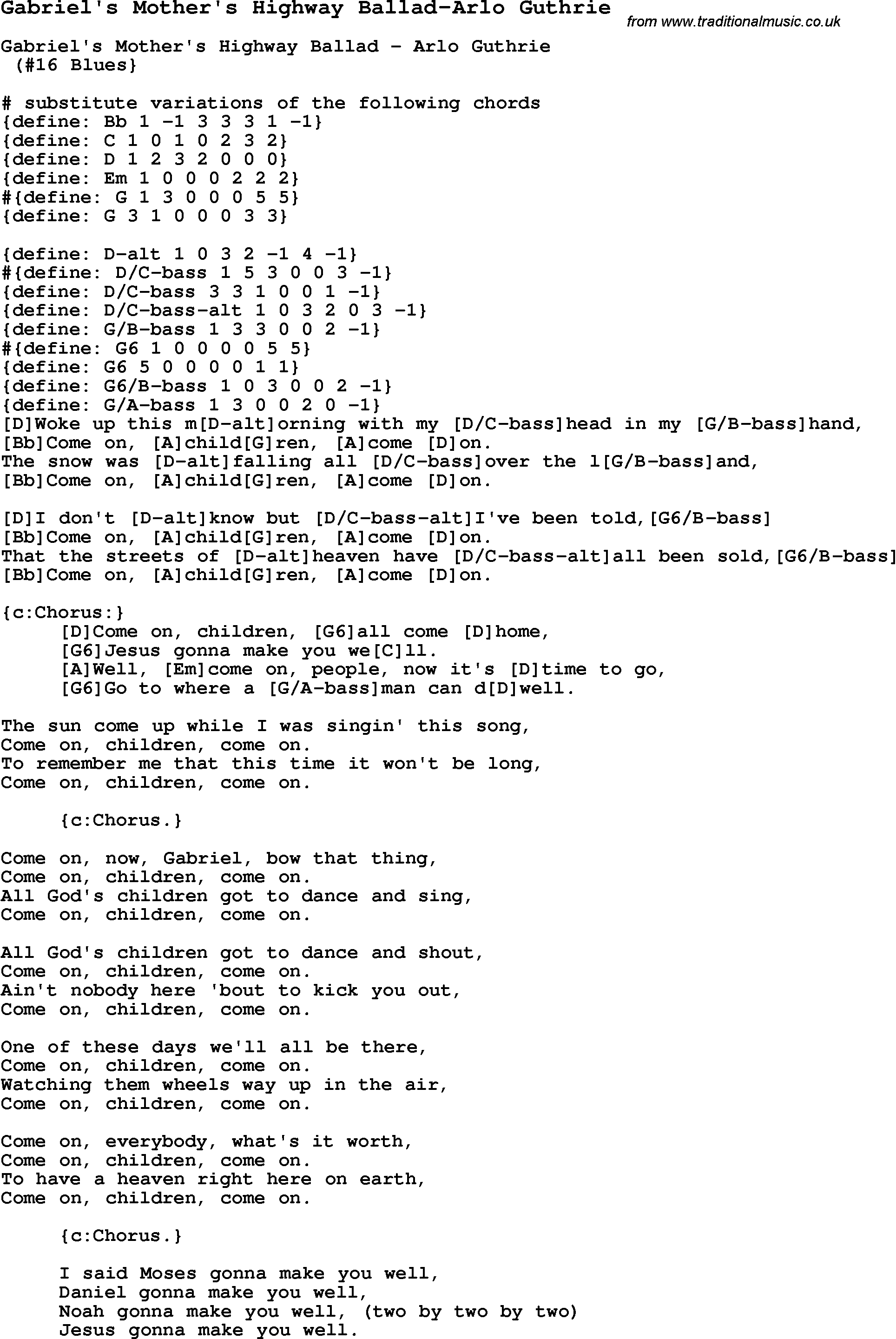 Blues Guitar Song, lyrics, chords, tablature, playing hints for Gabriel's Mother's Highway Ballad-Arlo Guthrie